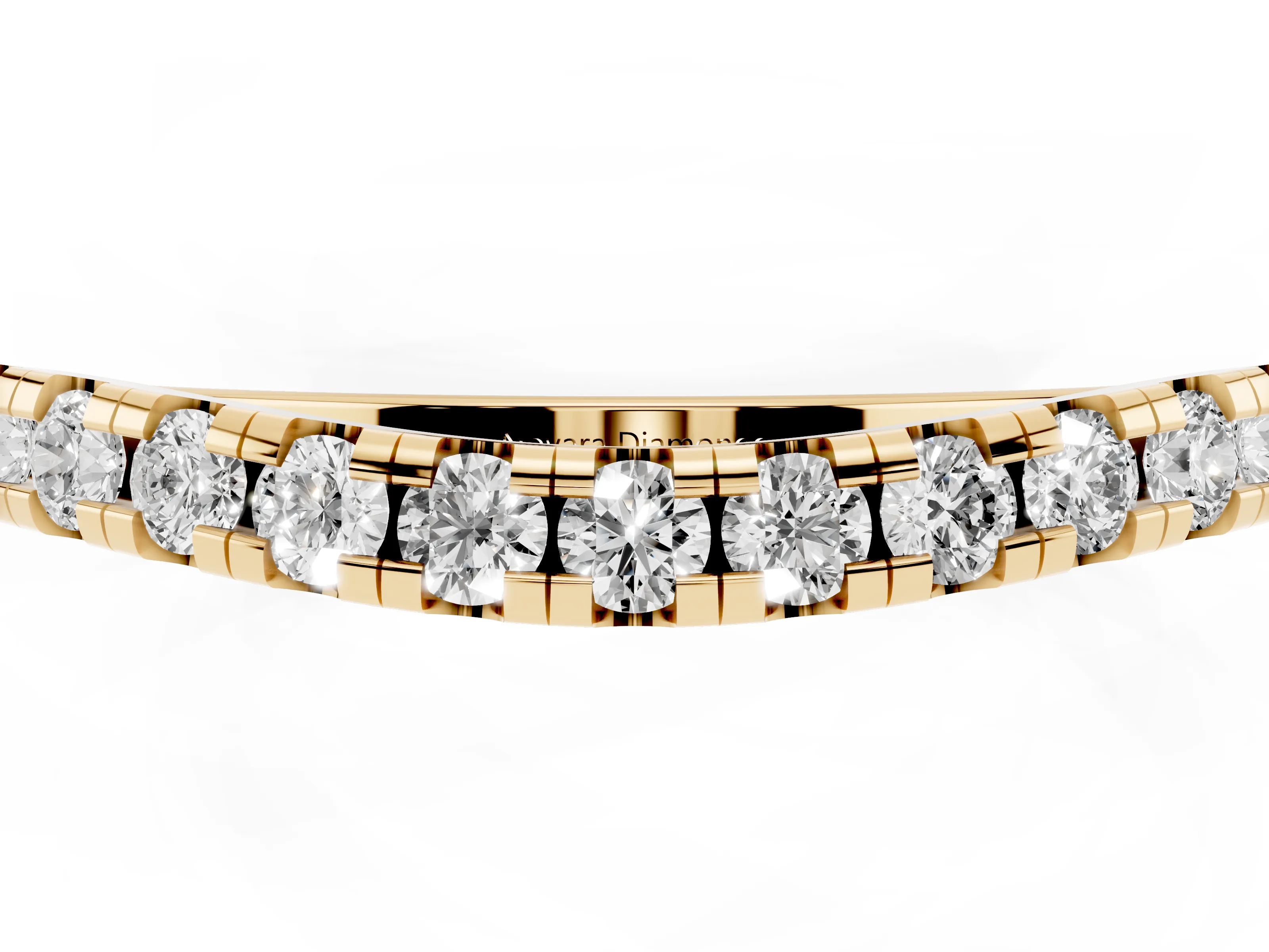Round Diamond Curved Band Set in Yellow gold with Pavé Shared Prong Row
