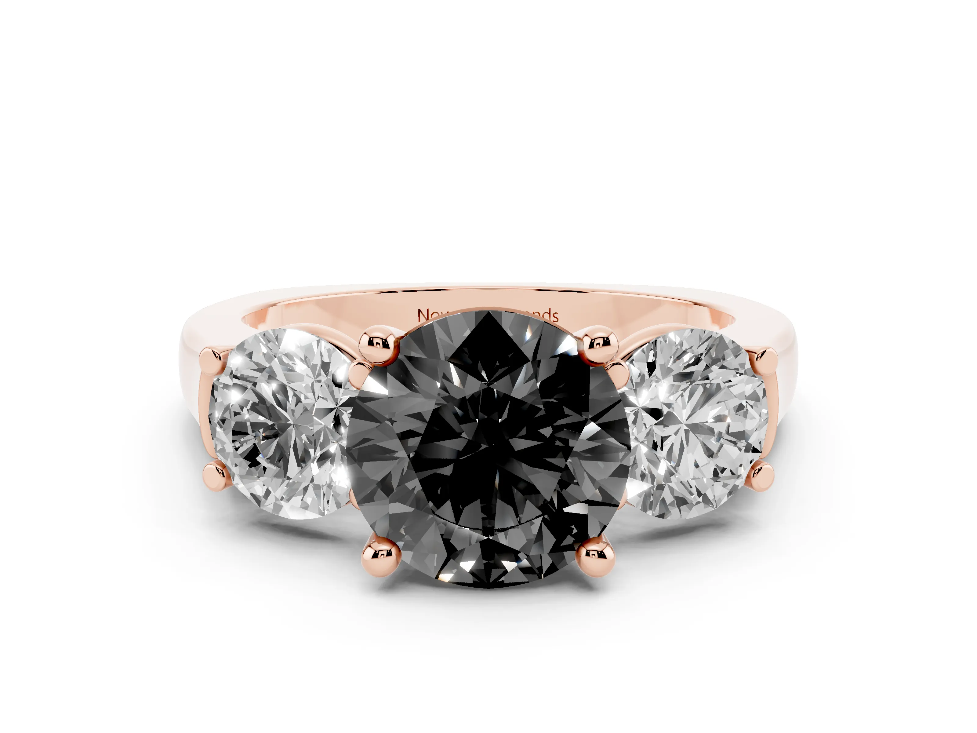 Fancy Black Round Cut Diamond Three-Stone Trellis Ring Set in Rose gold with Comfort Fit Band