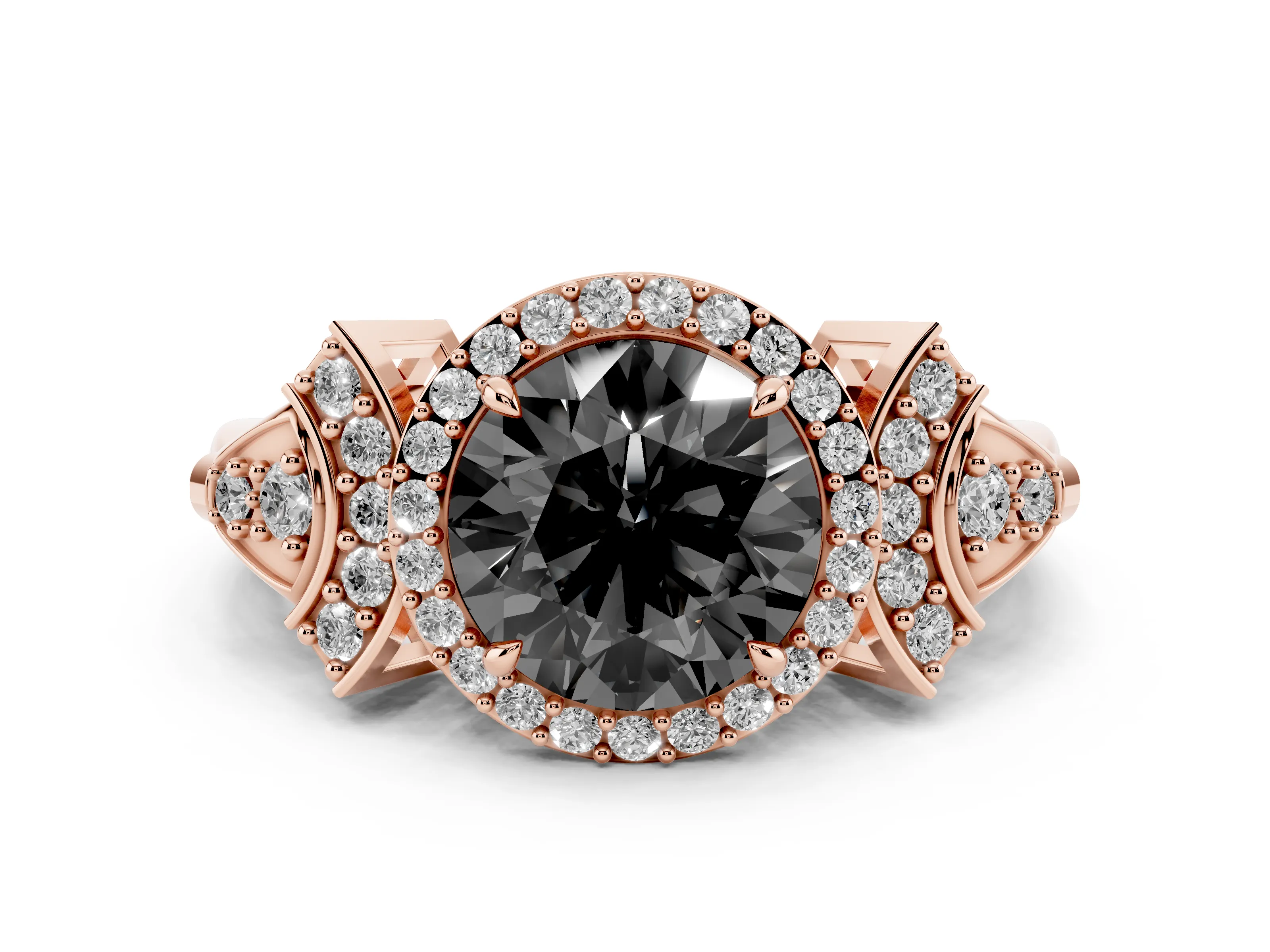 Fancy Black Round Cut Diamond Halo Engagement Ring Set in Rose gold with Accent Stone Split Shank