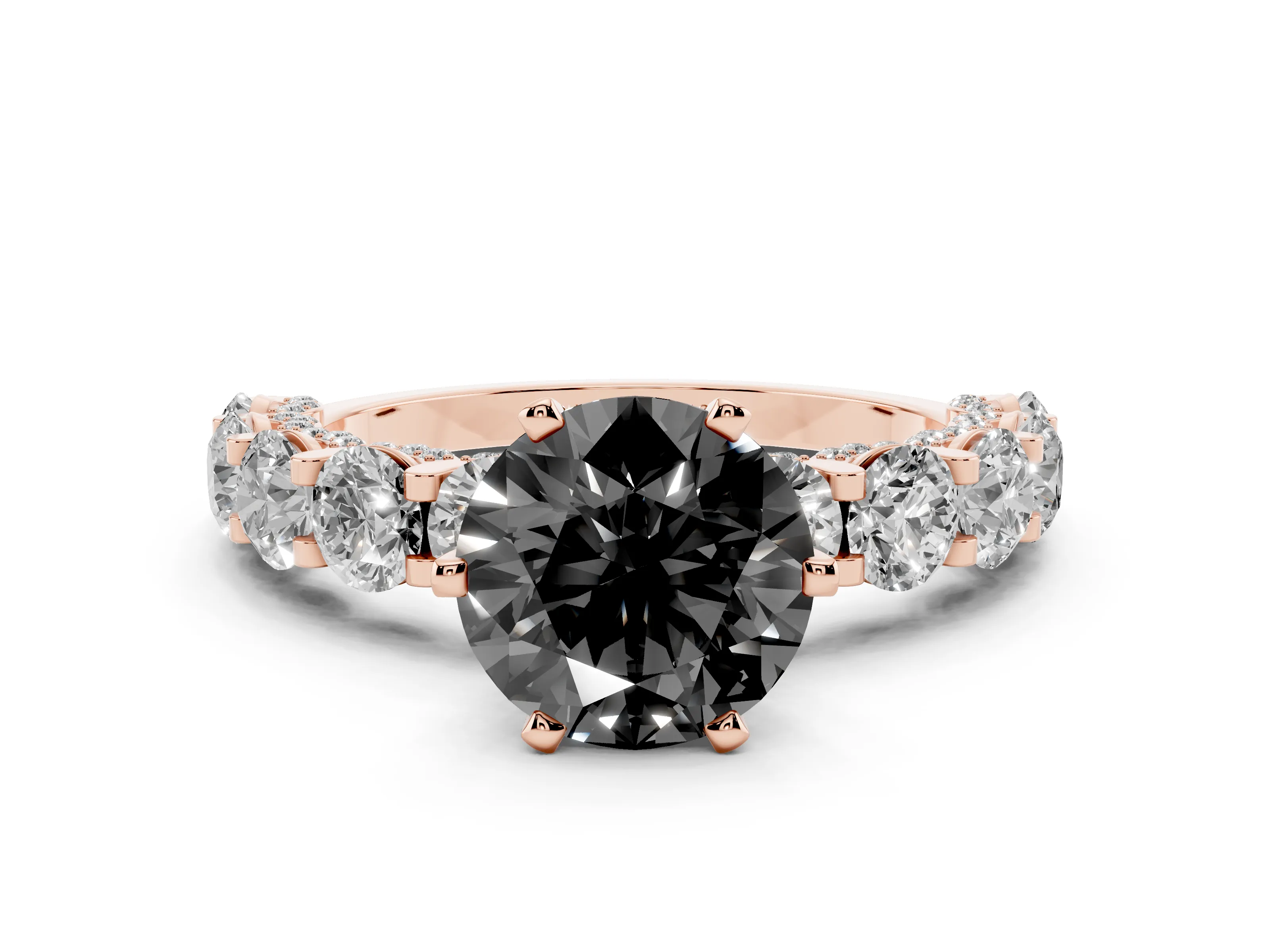 Fancy Black Round Cut Diamond Side Stone Ring Set in Rose gold with Alternating Round and Oval Side Stones