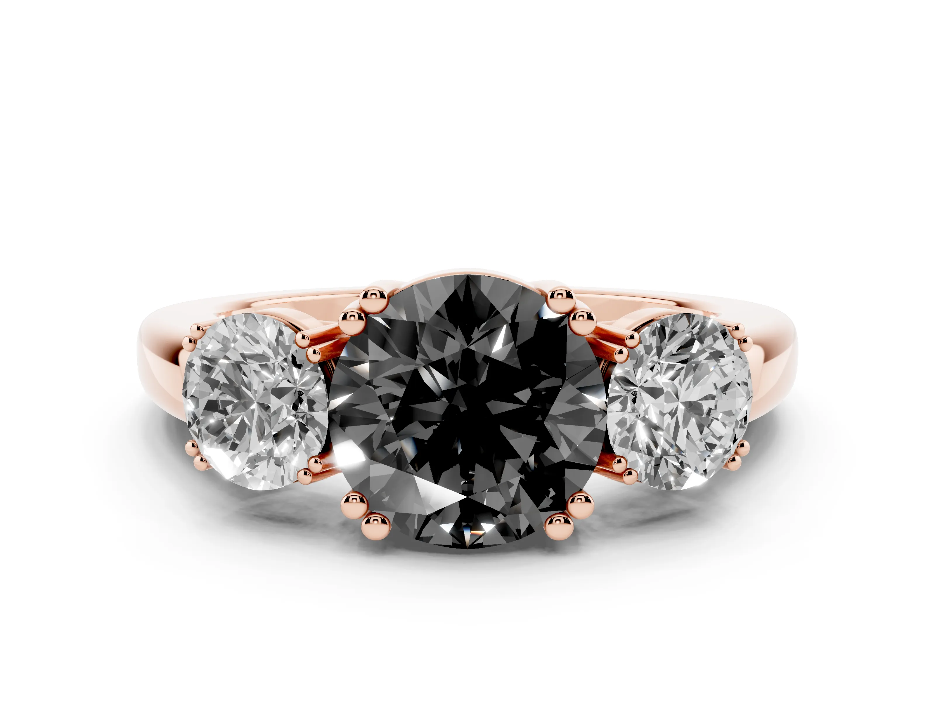 Fancy Black Round Cut Diamond Three-Stone Ring Set in Rose gold with Polished Channel-Set Band