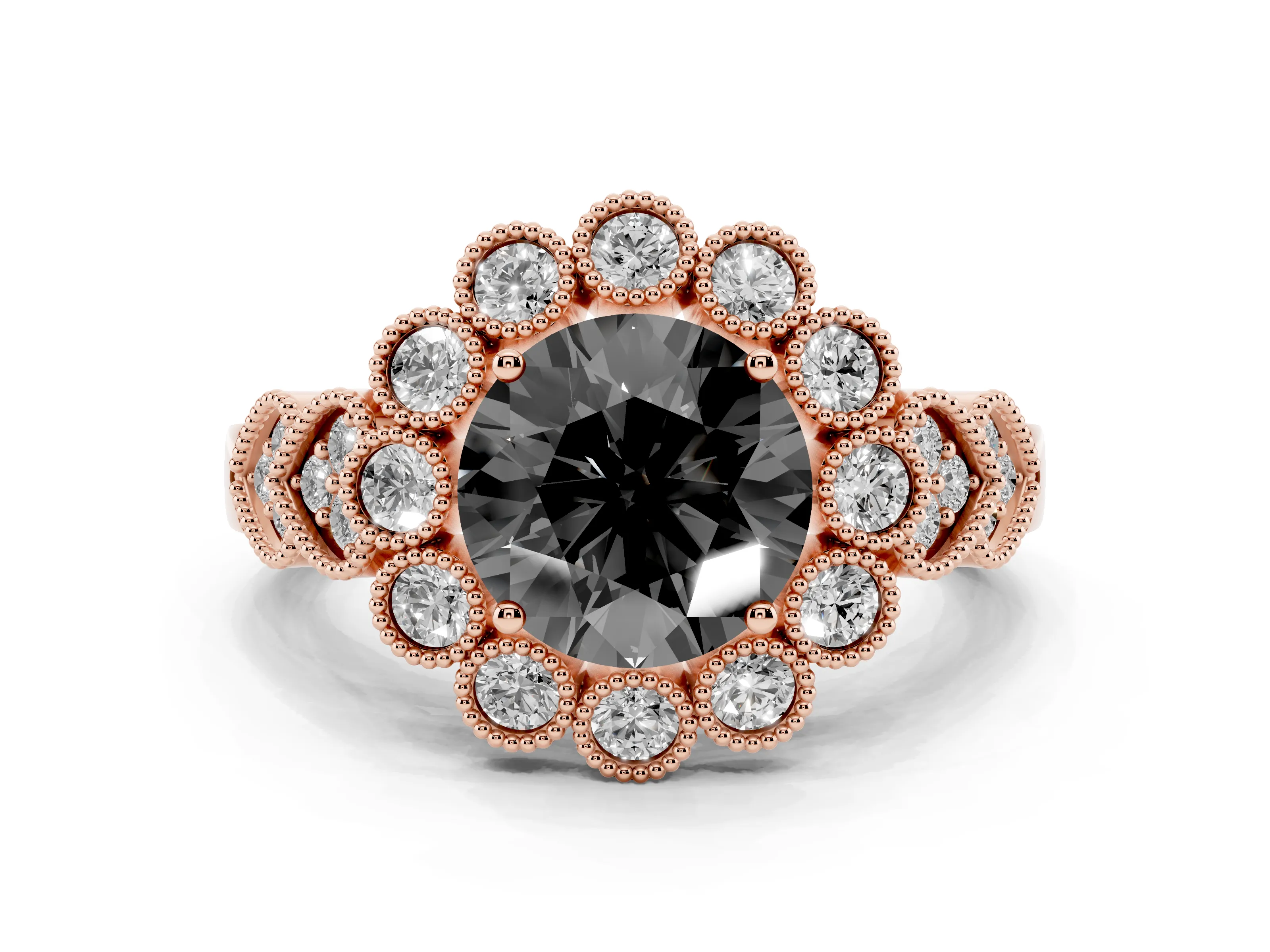 Fancy Black Round Cut Diamond Solitaire Ring Set in Rose gold with Milgrain Pavé Heart Band