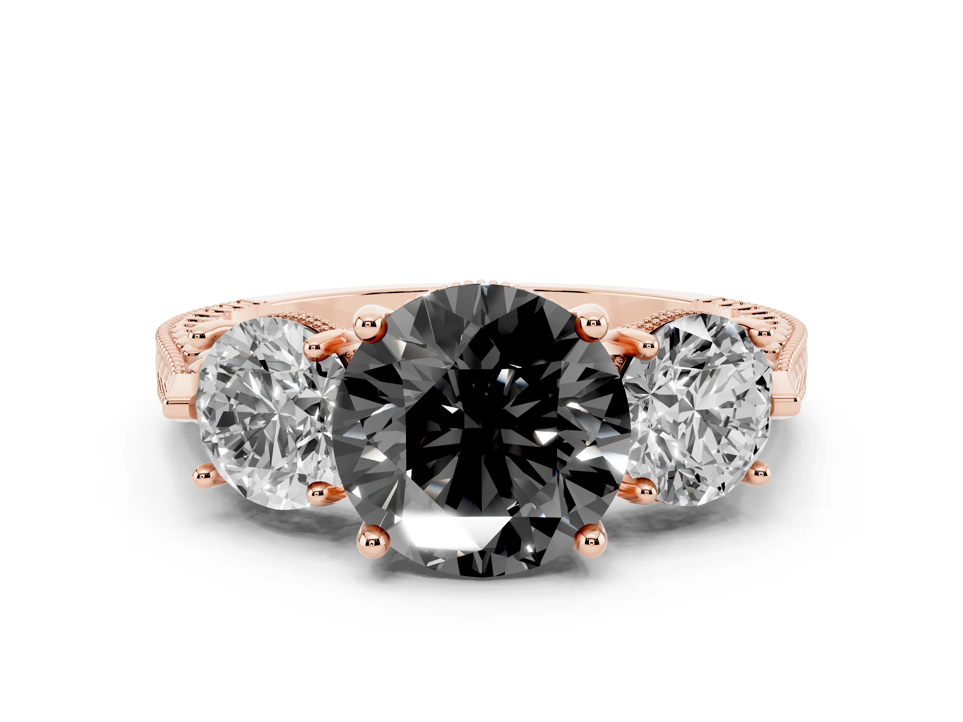 Fancy Black Round Cut Diamond Three-Stone Ring Set in Rose gold with Milgrain Band