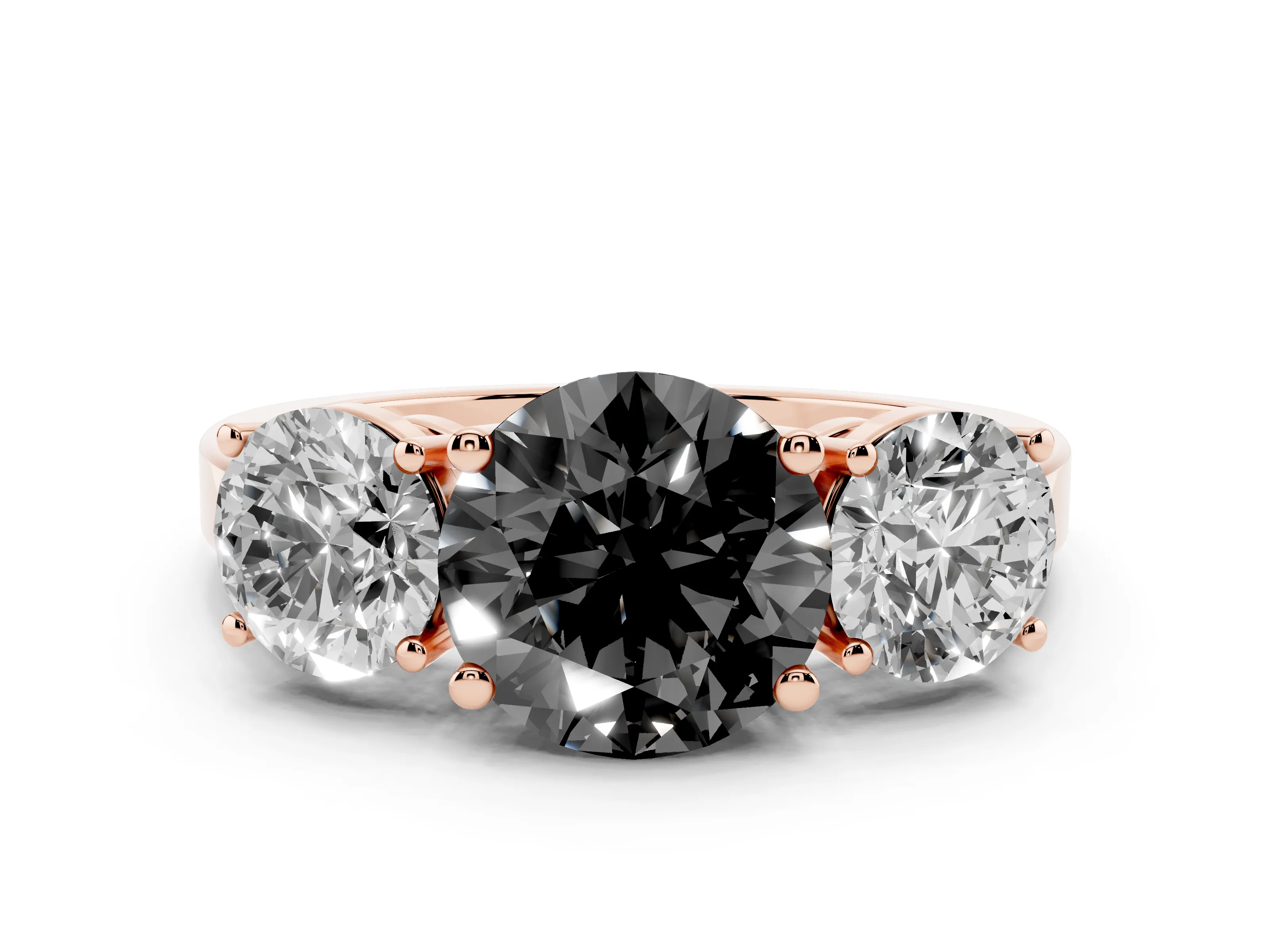 Fancy Black Round Cut Diamond Three-Stone Engagement Ring Set in Rose gold with Flat Band