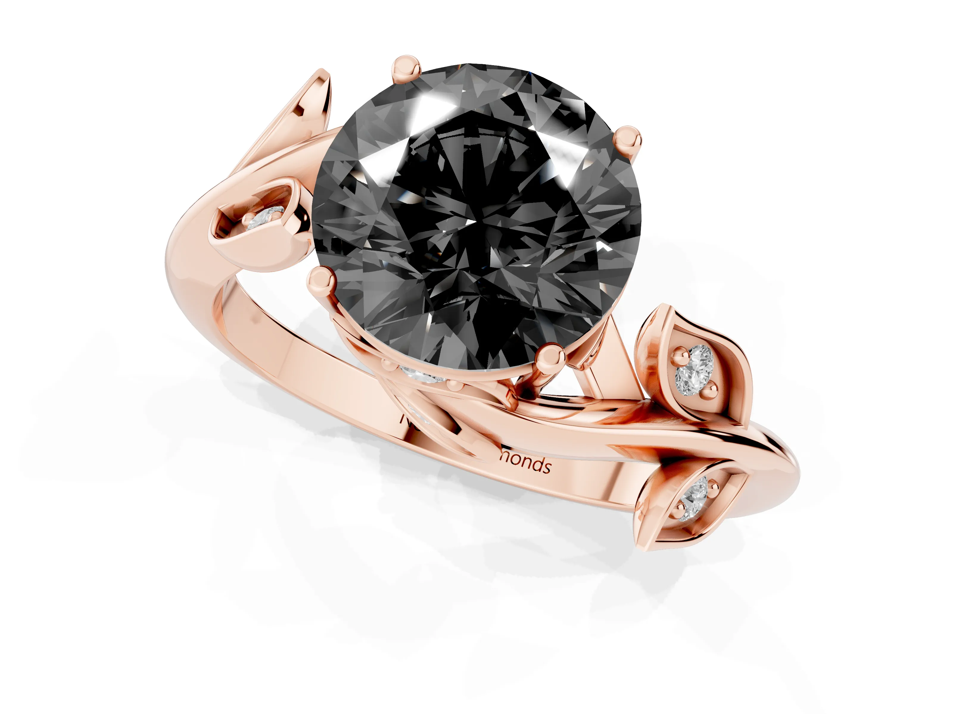 Fancy Black Round Cut Diamond Solitaire Twist Engagement Ring Set in Rose gold with Pavé Leaf Accents
