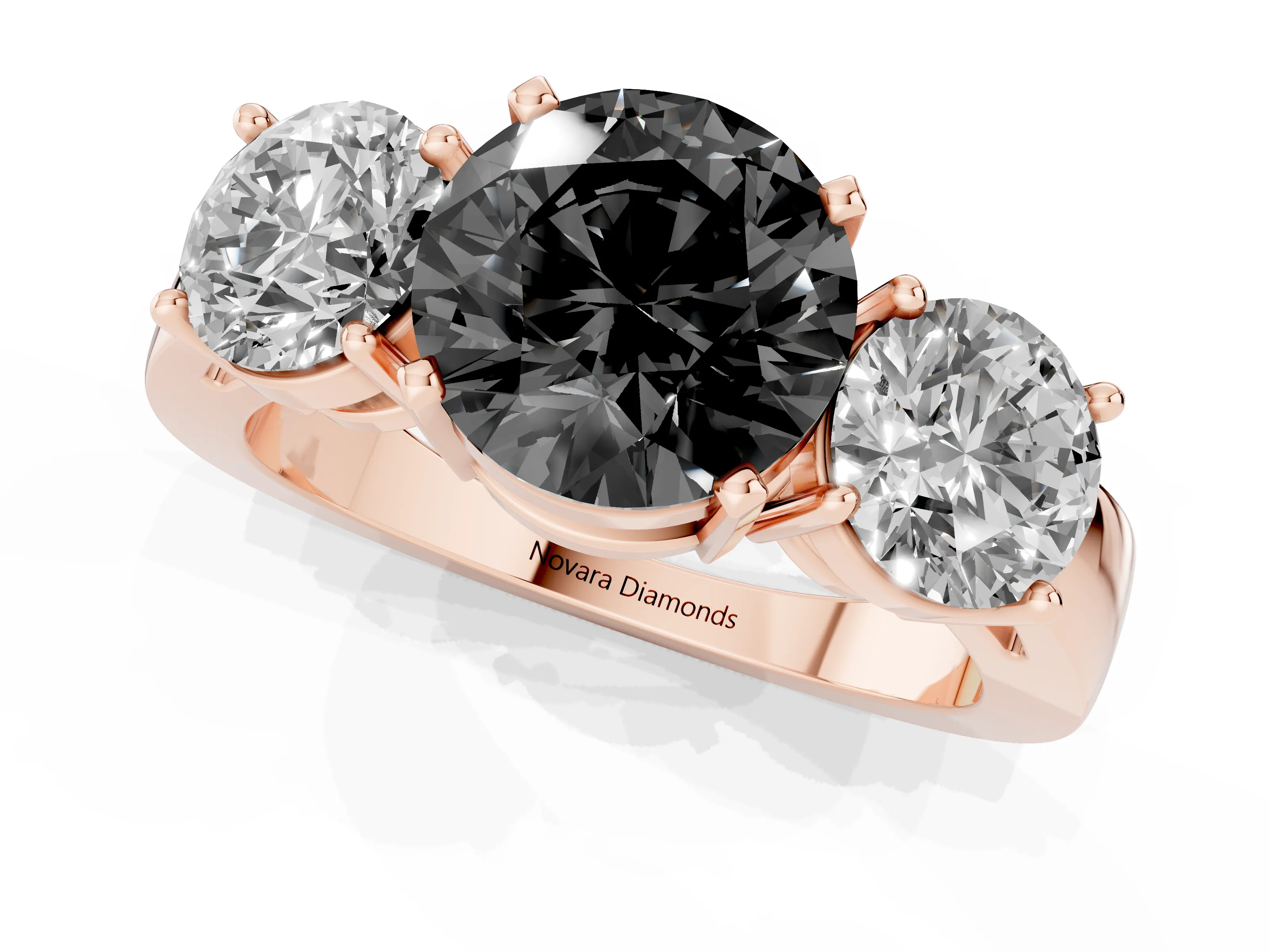 Fancy Black Round Cut Diamond Three-Stone Ring Set in Rose gold with Round Side Stones and Classic Band