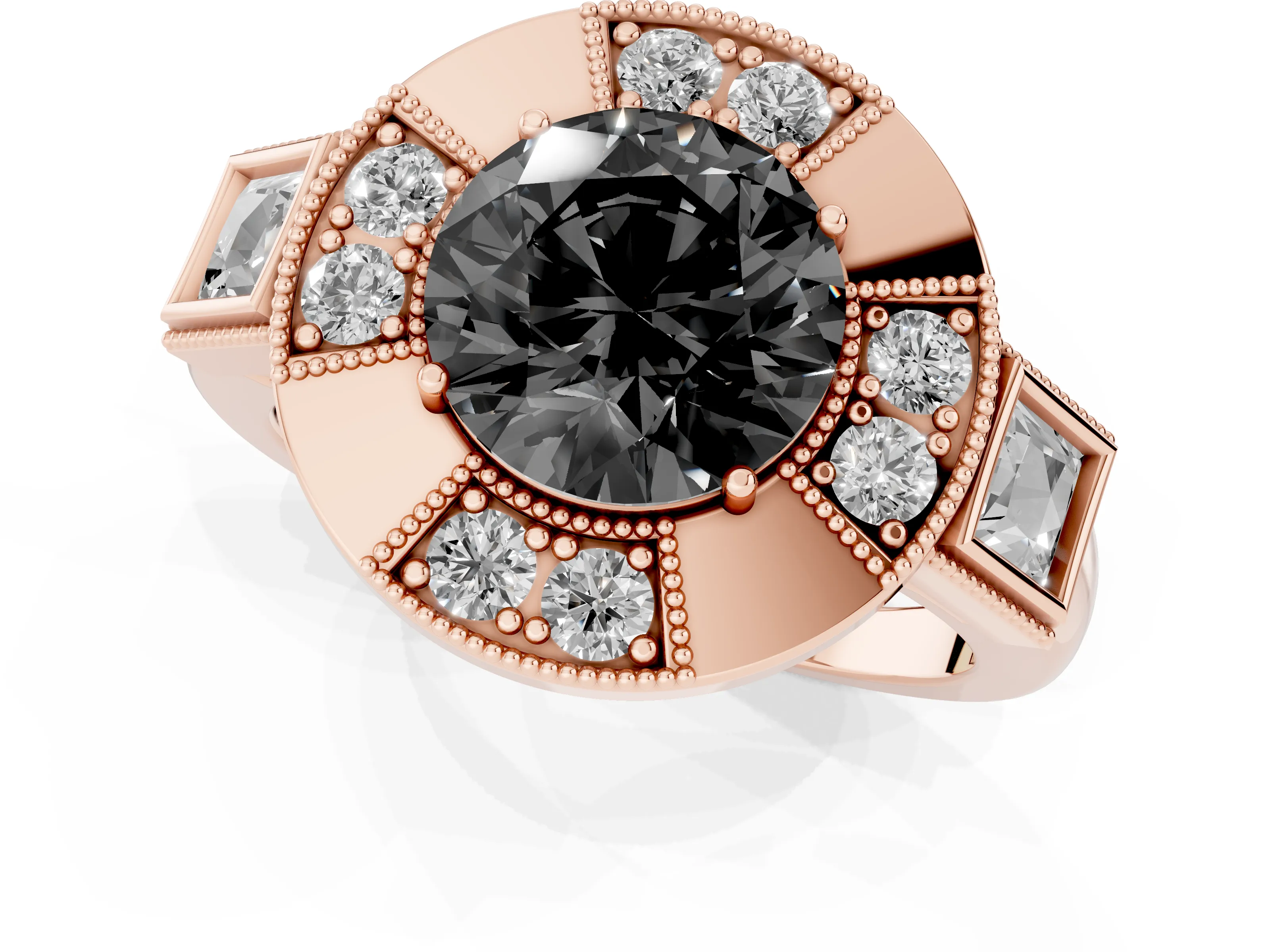 Fancy Black Round Cut Diamond Milgrain Halo Ring Set in Rose gold with Split Shank