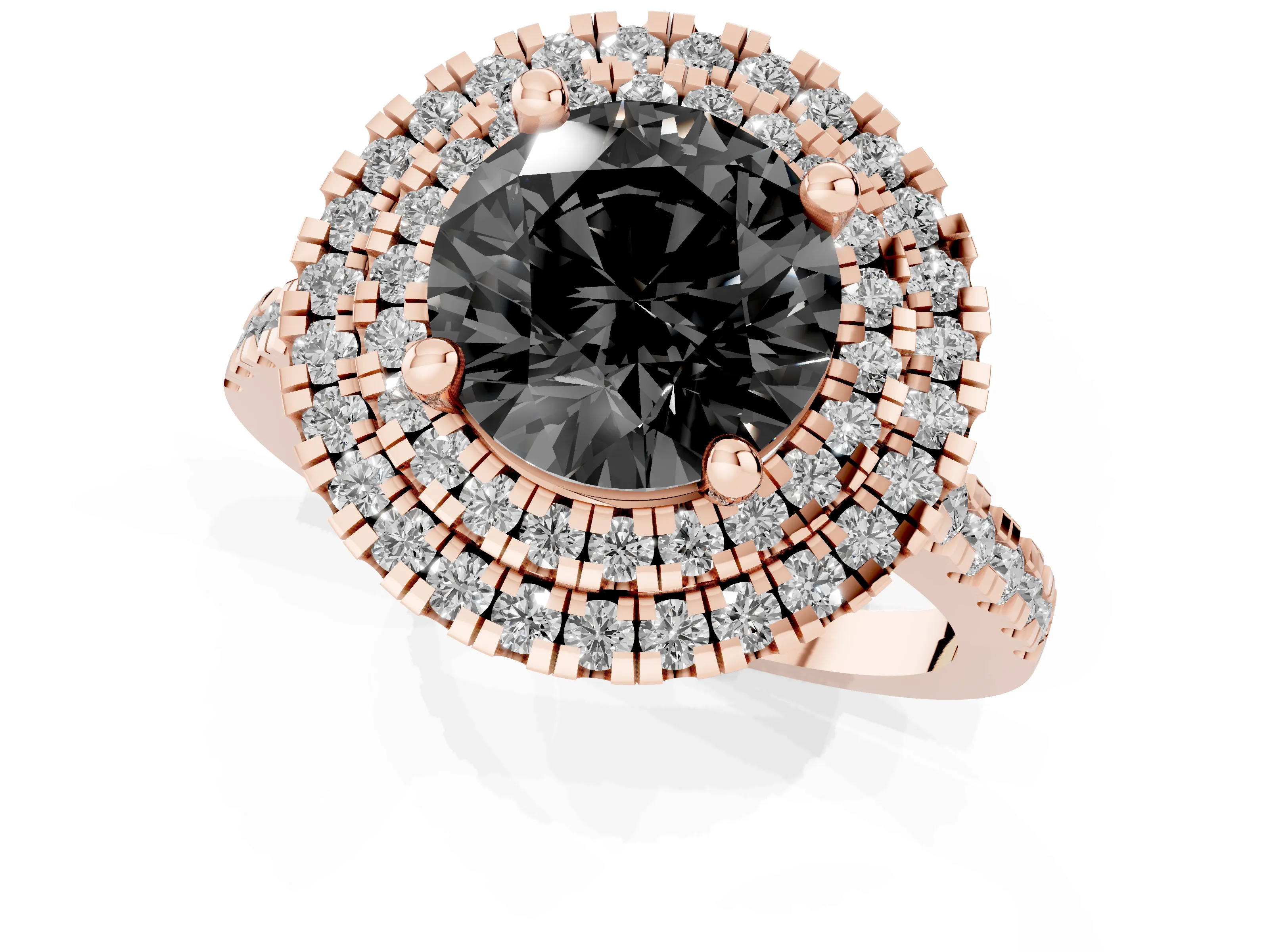 Fancy Black Round Cut Diamond Double Halo Statement Ring Set in Rose gold with Pavé Band