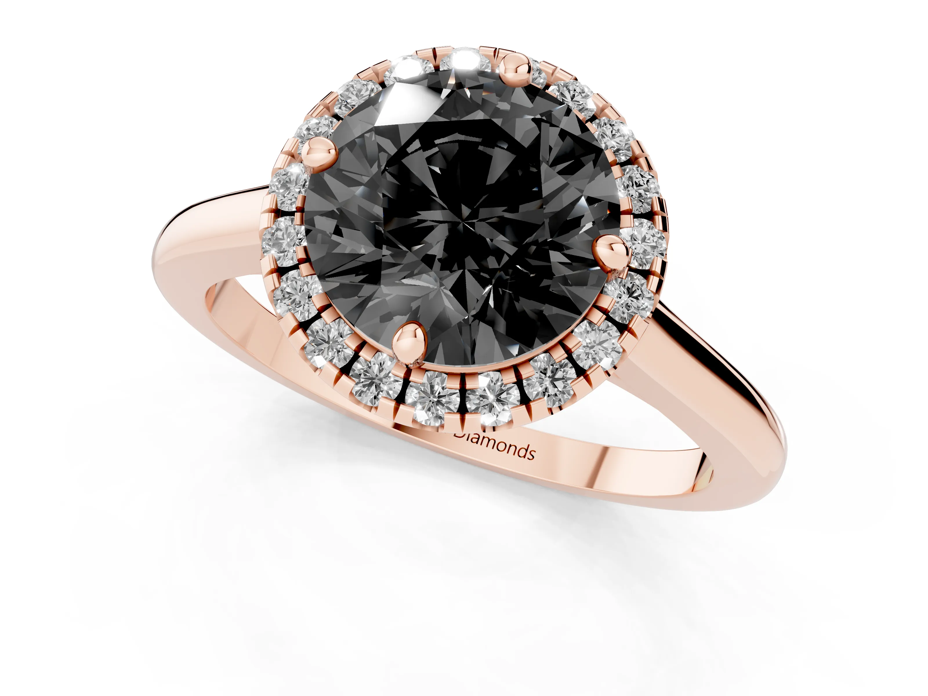 Fancy Black Round Cut Diamond Halo Engagement Ring Set in Rose gold with Pavé Band and Rising Shoulders