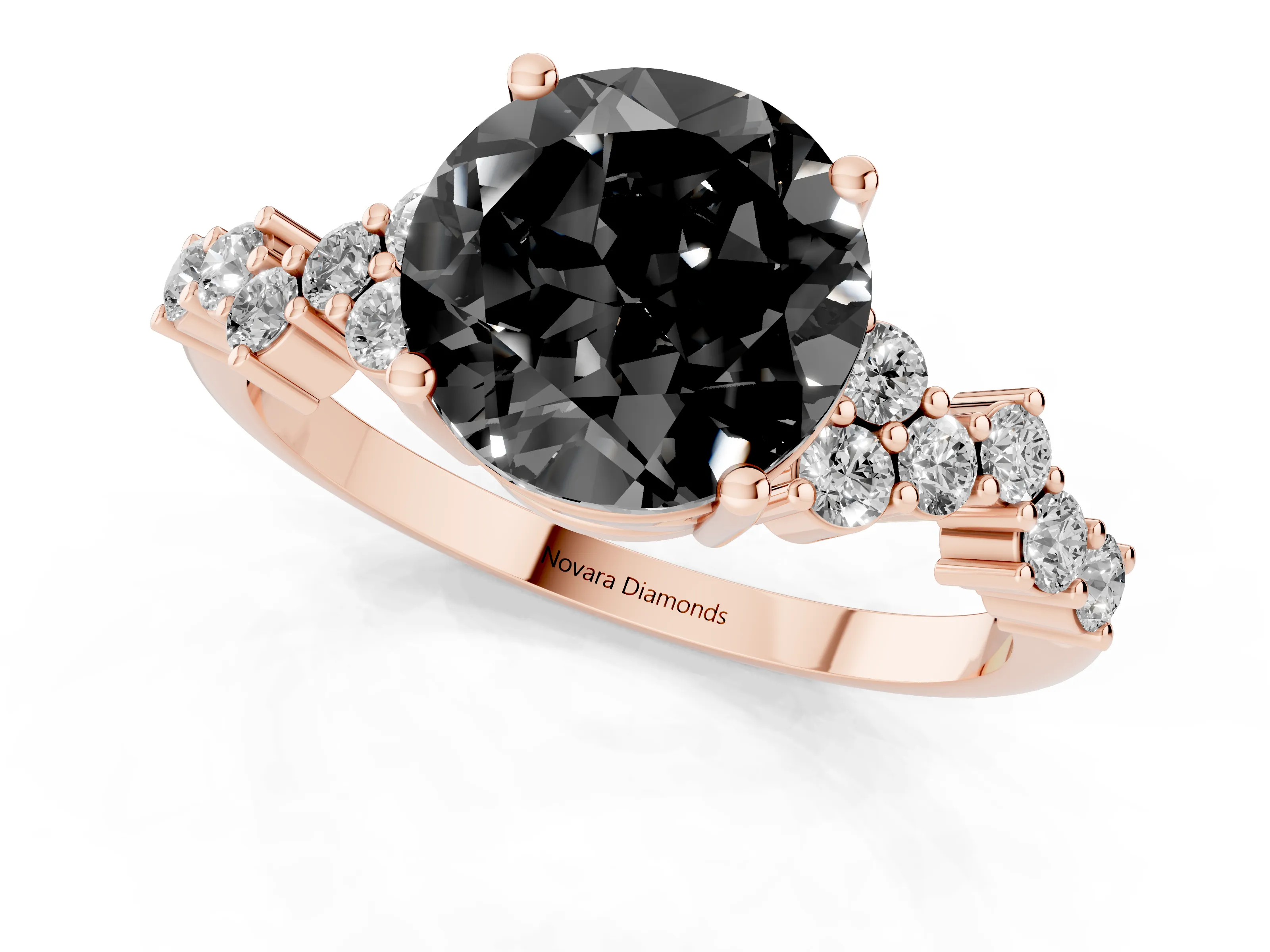 Fancy Black Round Cut Diamond Ring Set in Rose gold with Scattered Round Accents