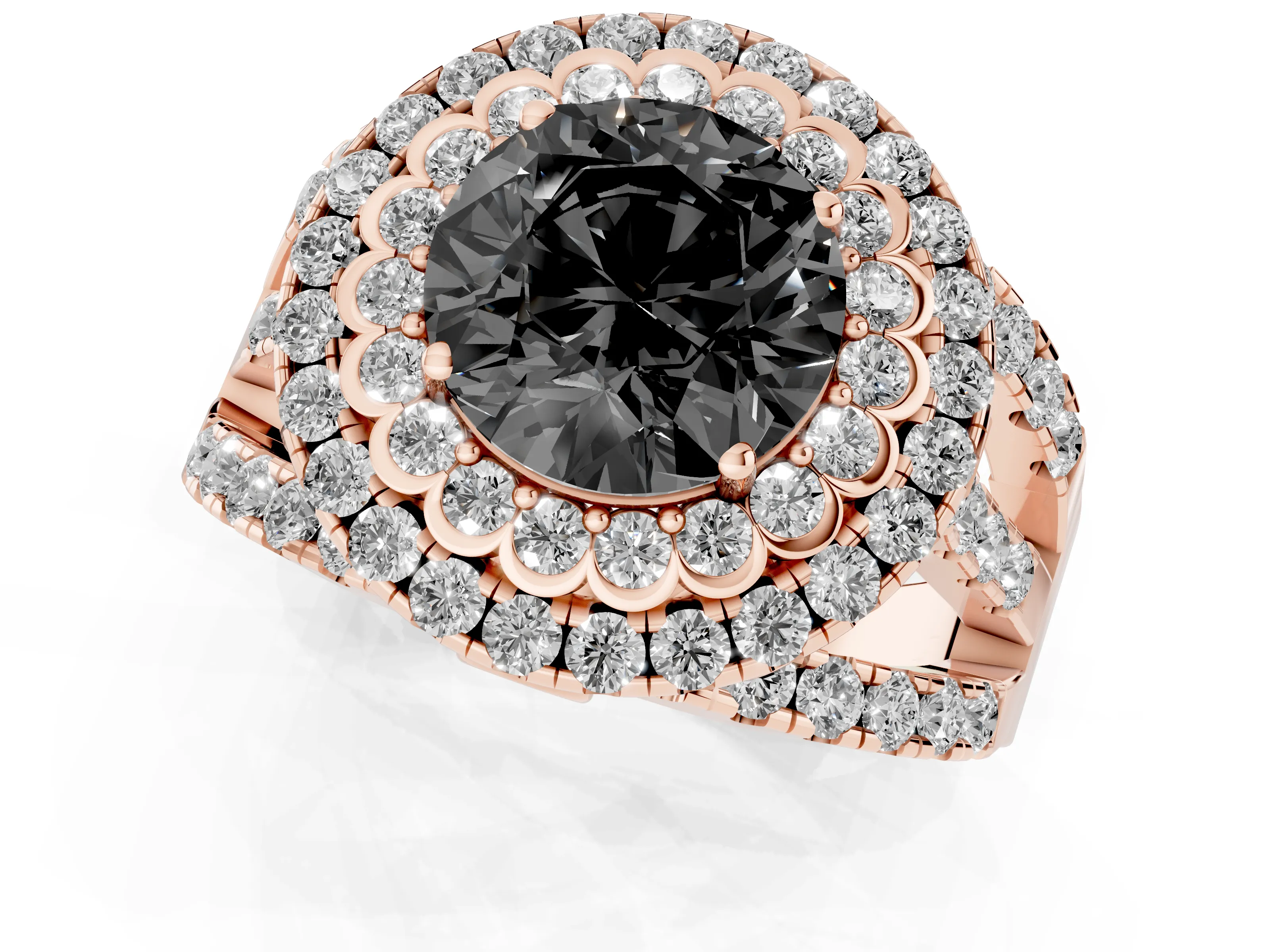 Fancy Black Round Cut Diamond Double Halo Ring Set in Rose gold with Round Pavé Split Shank