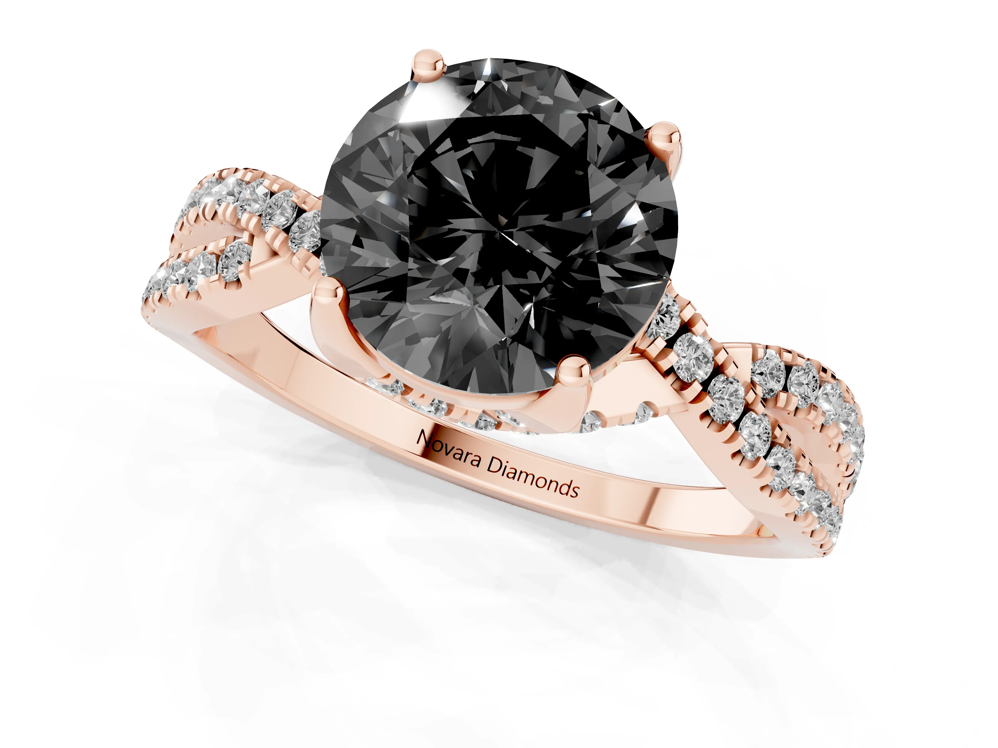 Fancy Black Round Cut Diamond Twist Pavé Solitaire Engagement Ring Set in Rose gold with Prong Setting