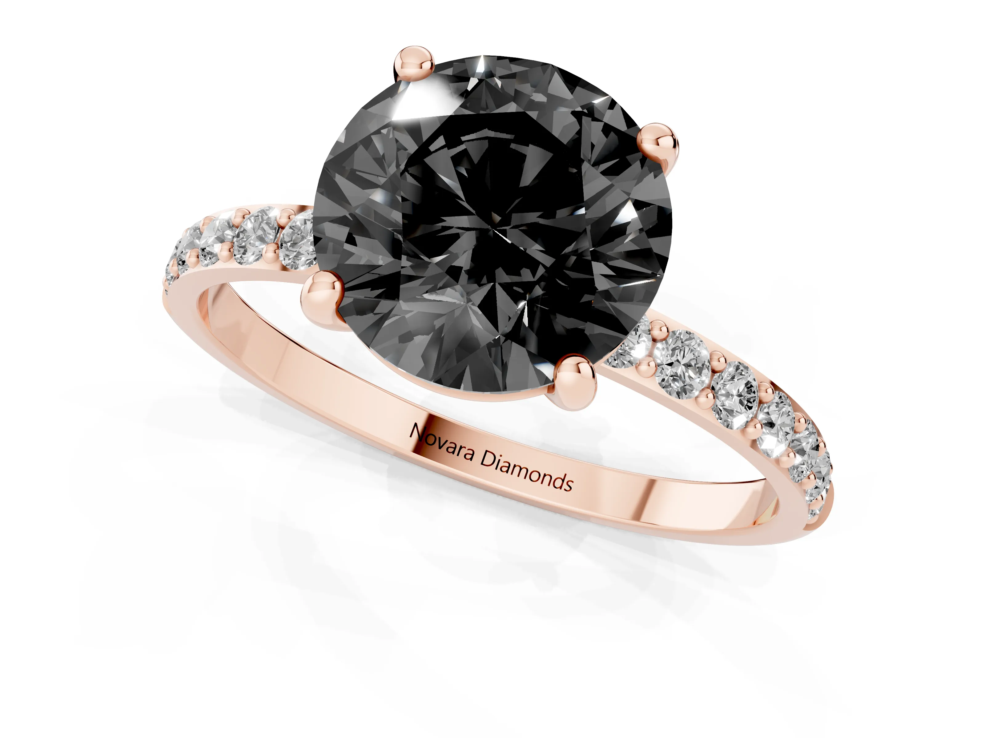 Fancy Black Round Cut Diamond Solitaire Ring Set in Rose gold with Round Pavé Band and Prong Setting