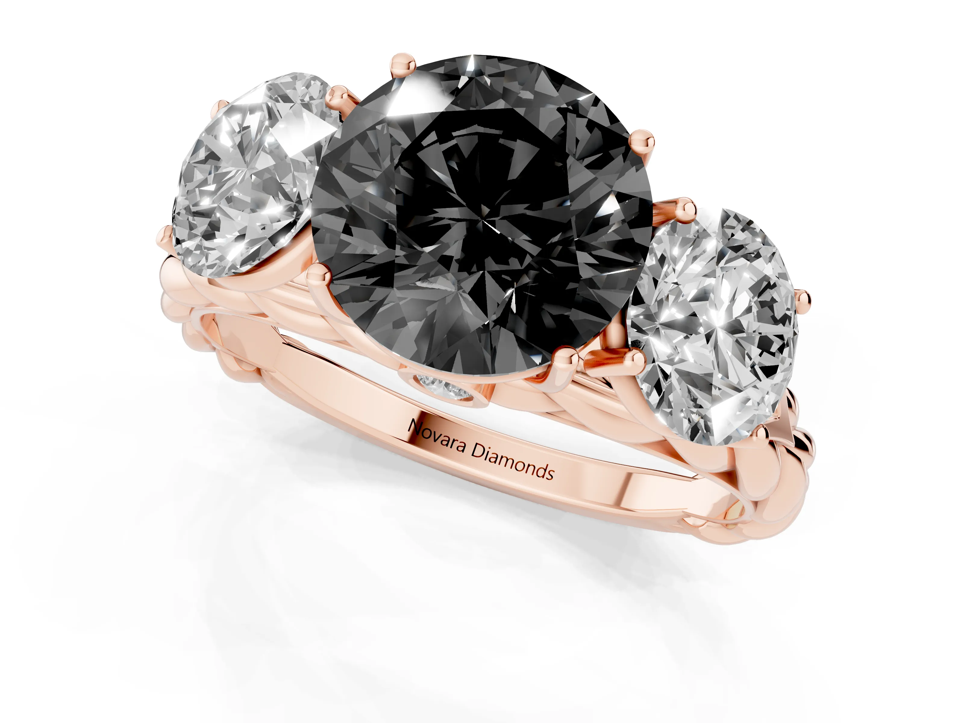 Fancy Black Round Cut Diamond Three-Stone Ring Set in Rose gold with Braided Band