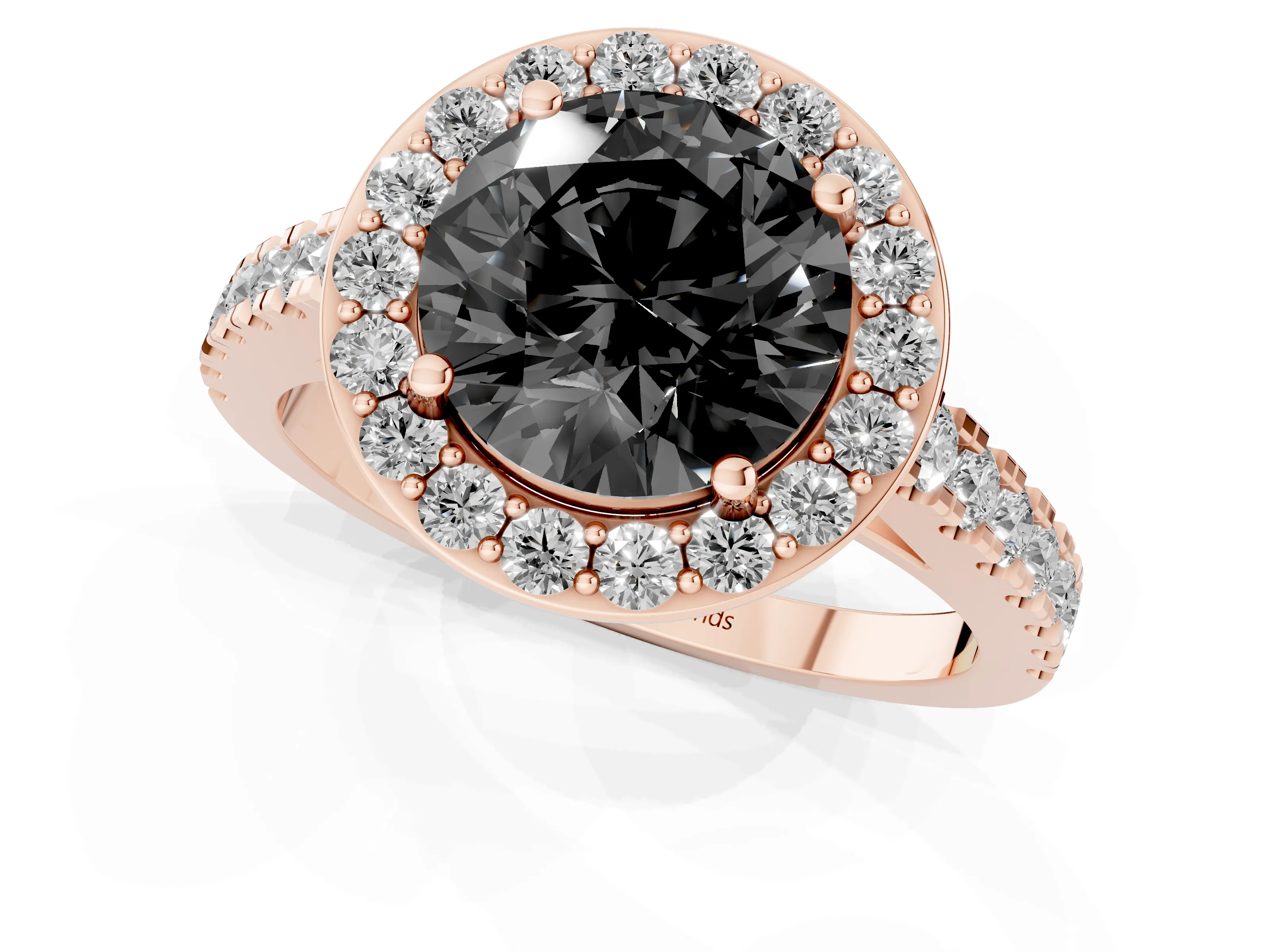 Fancy Black Round Cut Diamond Halo Ring Set in Rose gold with Round Pavé Split Shank and Prong Setting