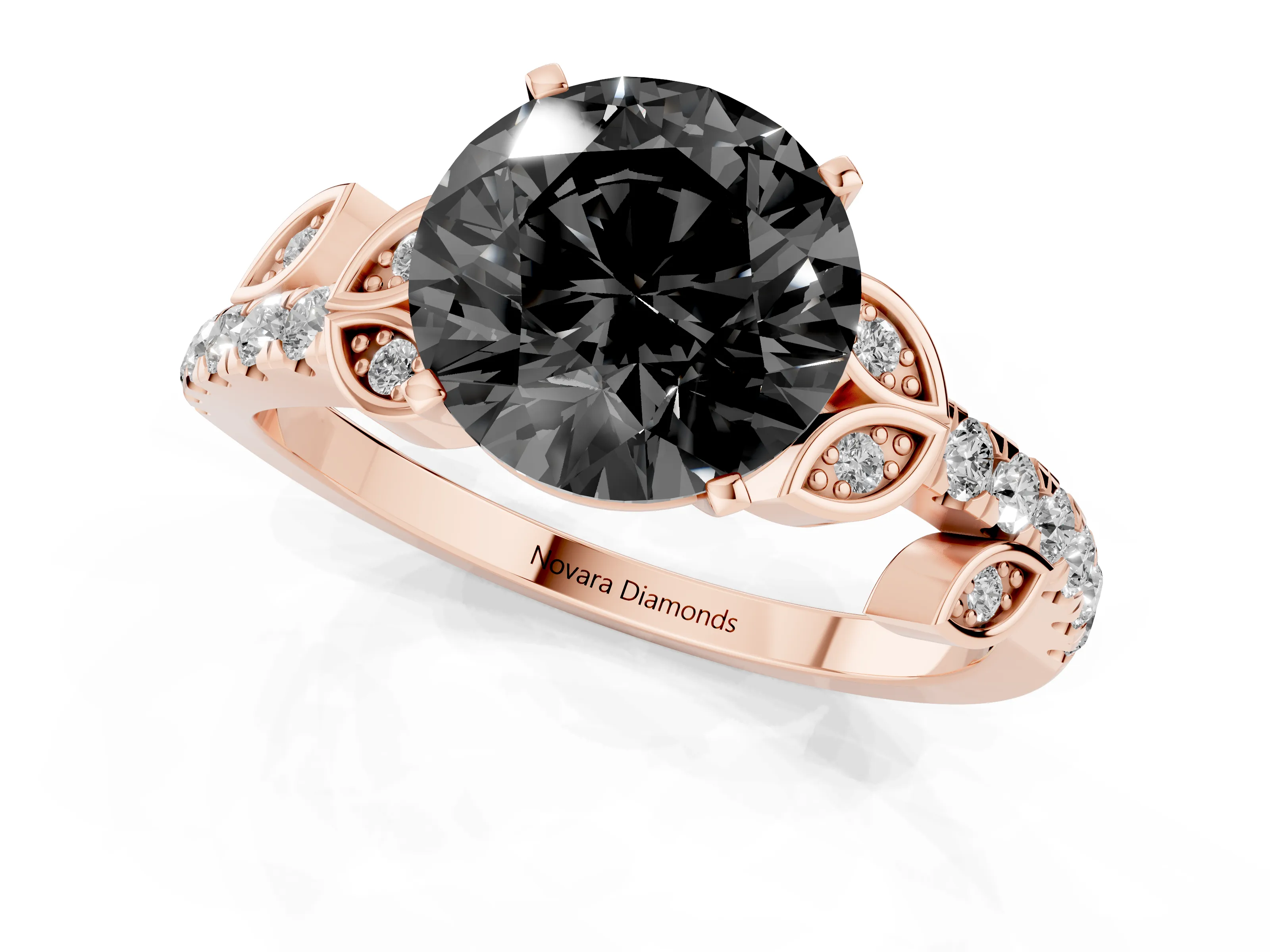 Fancy Black Round Cut Diamond Solitaire Leaf-Inspired Ring Set in Rose gold with Pavé Band and Prong Setting