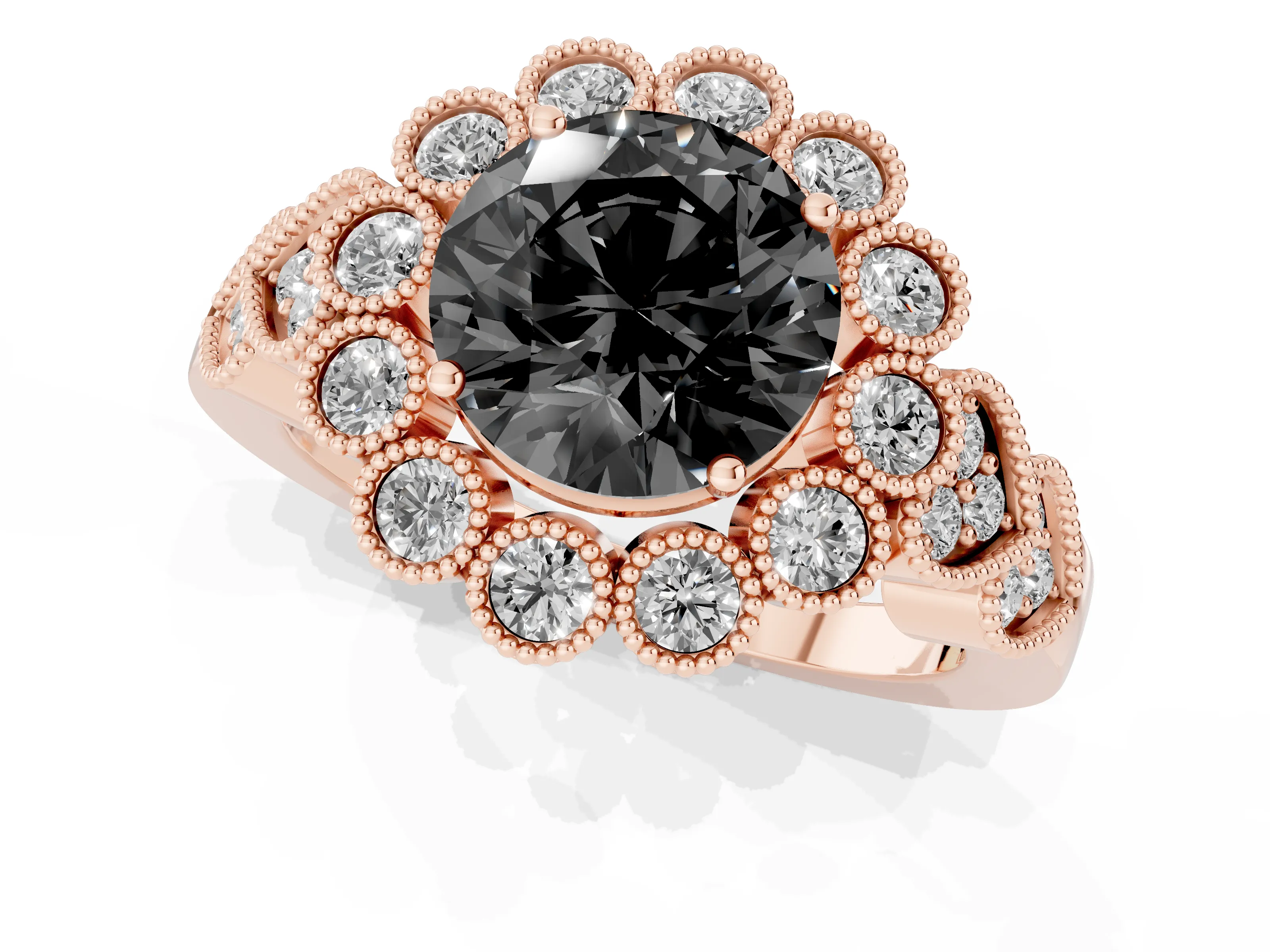 Fancy Black Round Cut Diamond Solitaire Ring Set in Rose gold with Milgrain Pavé Heart Band
