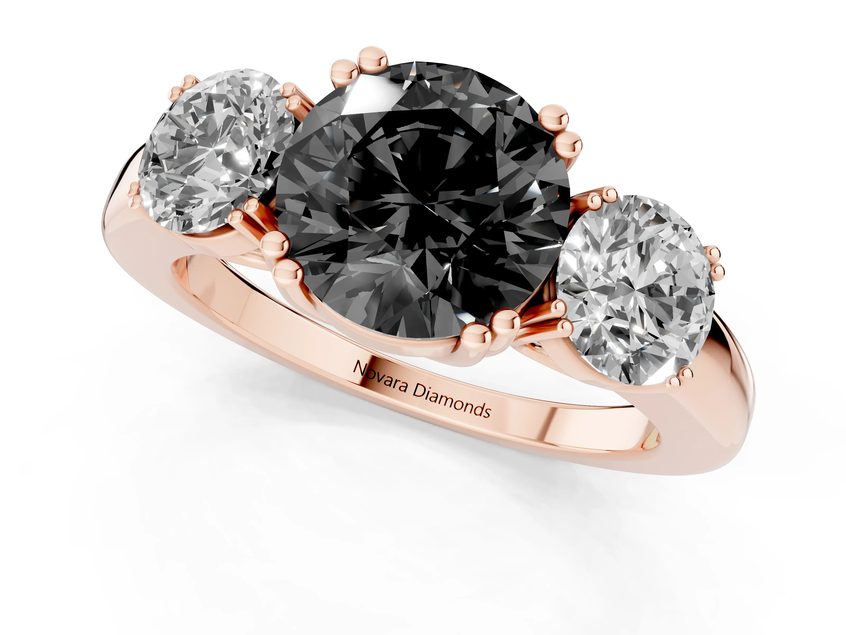 Fancy Black Round Cut Diamond Three-Stone Ring Set in Rose gold with Polished Channel-Set Band
