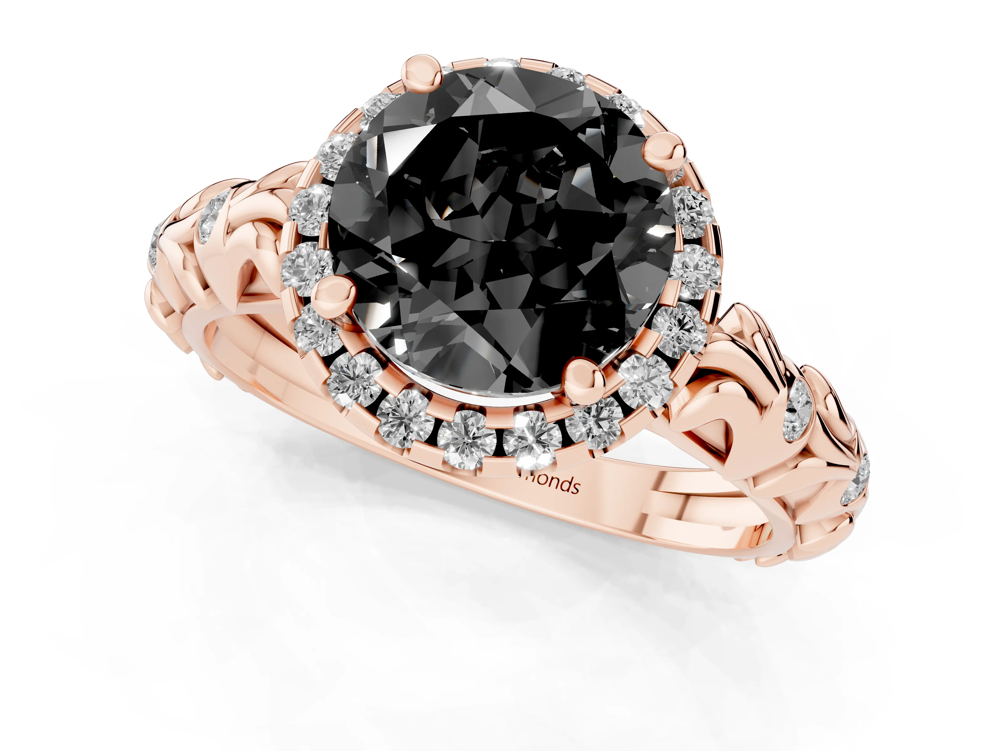 Fancy Black Round Cut Diamond Halo Ring Set in Rose gold with Filigree Leaf Band and Prong Setting