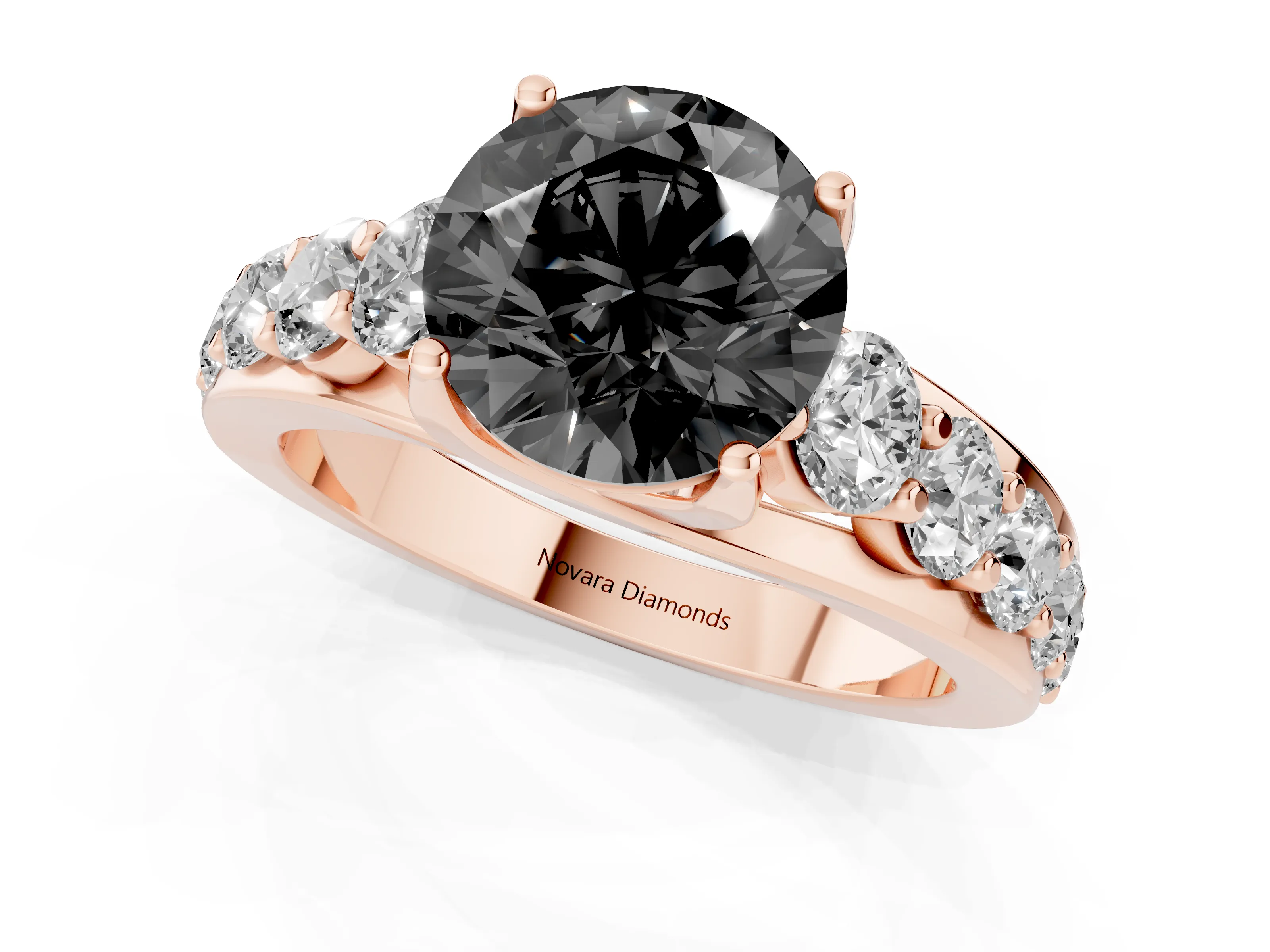 Fancy Black Round Cut Diamond Pavé Engagement Ring Set in Rose gold with Prong Setting