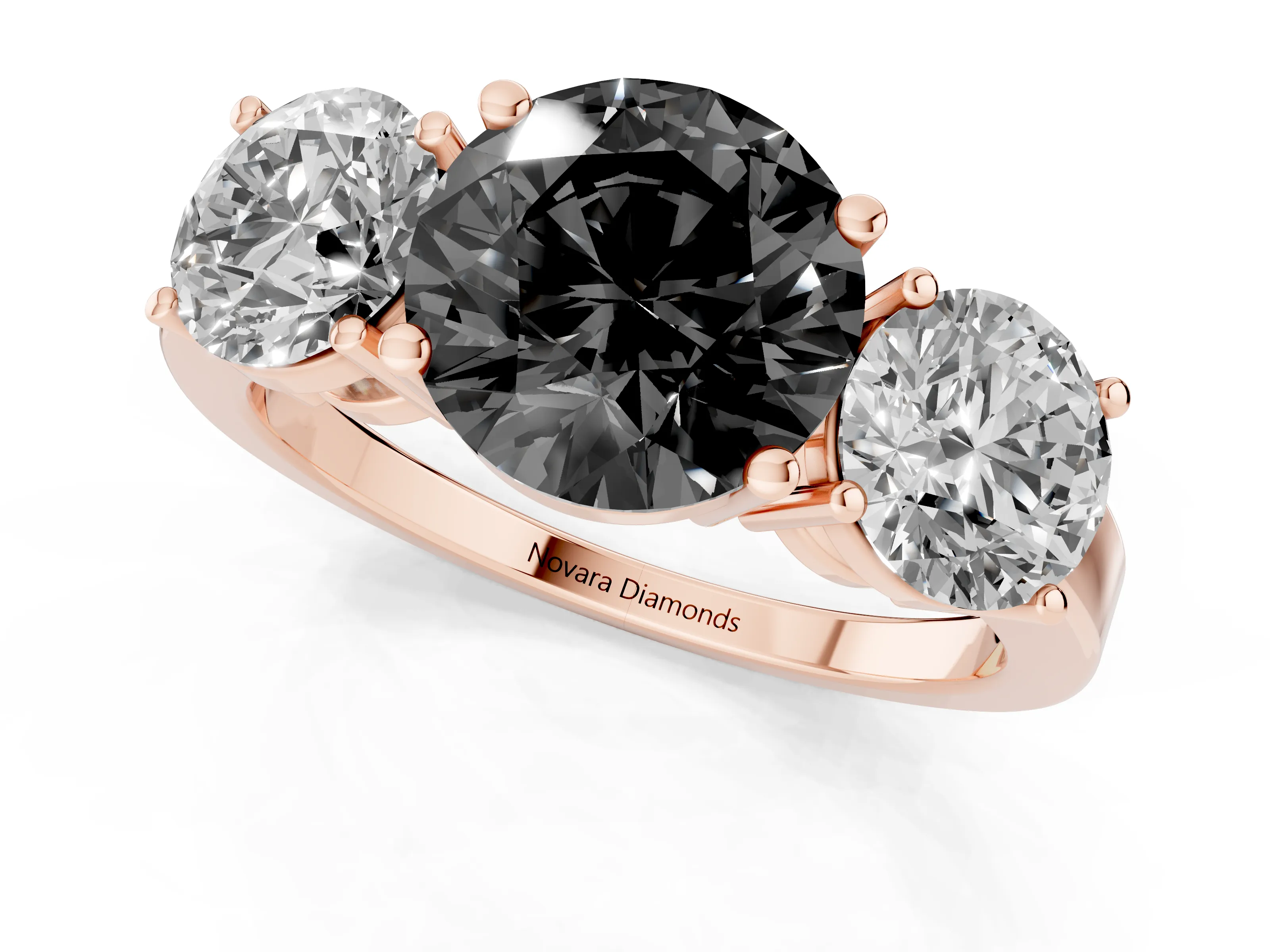 Fancy Black Round Cut Diamond Three-Stone Engagement Ring Set in Rose gold with Flat Band