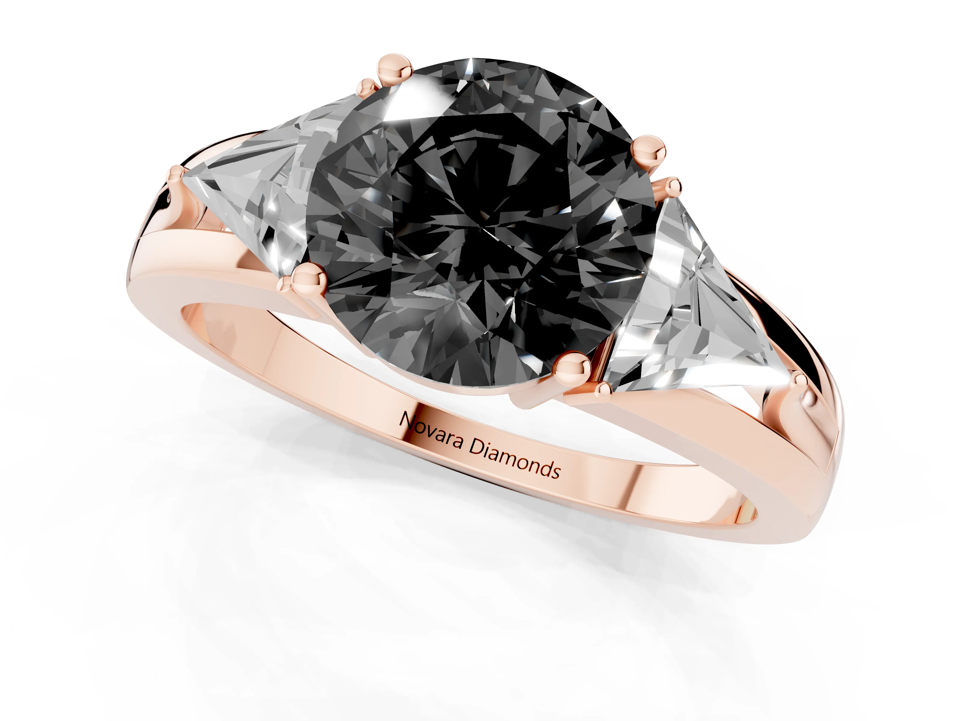 Fancy Black Round Cut Diamond Three-Stone Ring Set in Rose gold with Trillion Side Stones and Split Shank