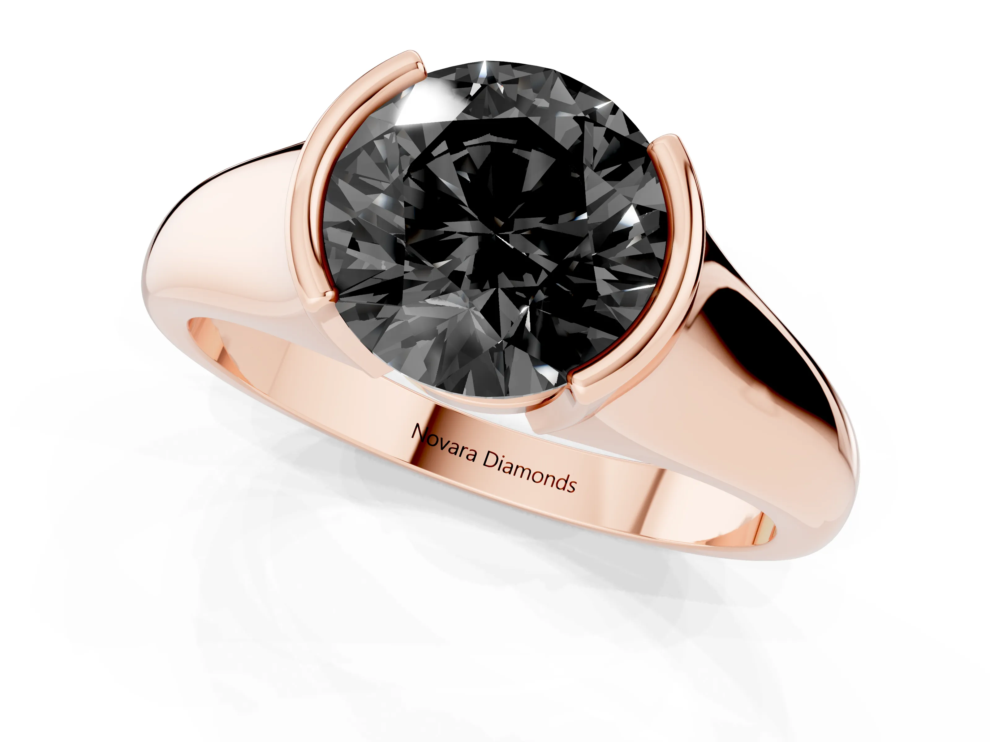 Fancy Black Round Cut Diamond Solitaire Tension Set Ring Set in Rose gold with Split Shank Band