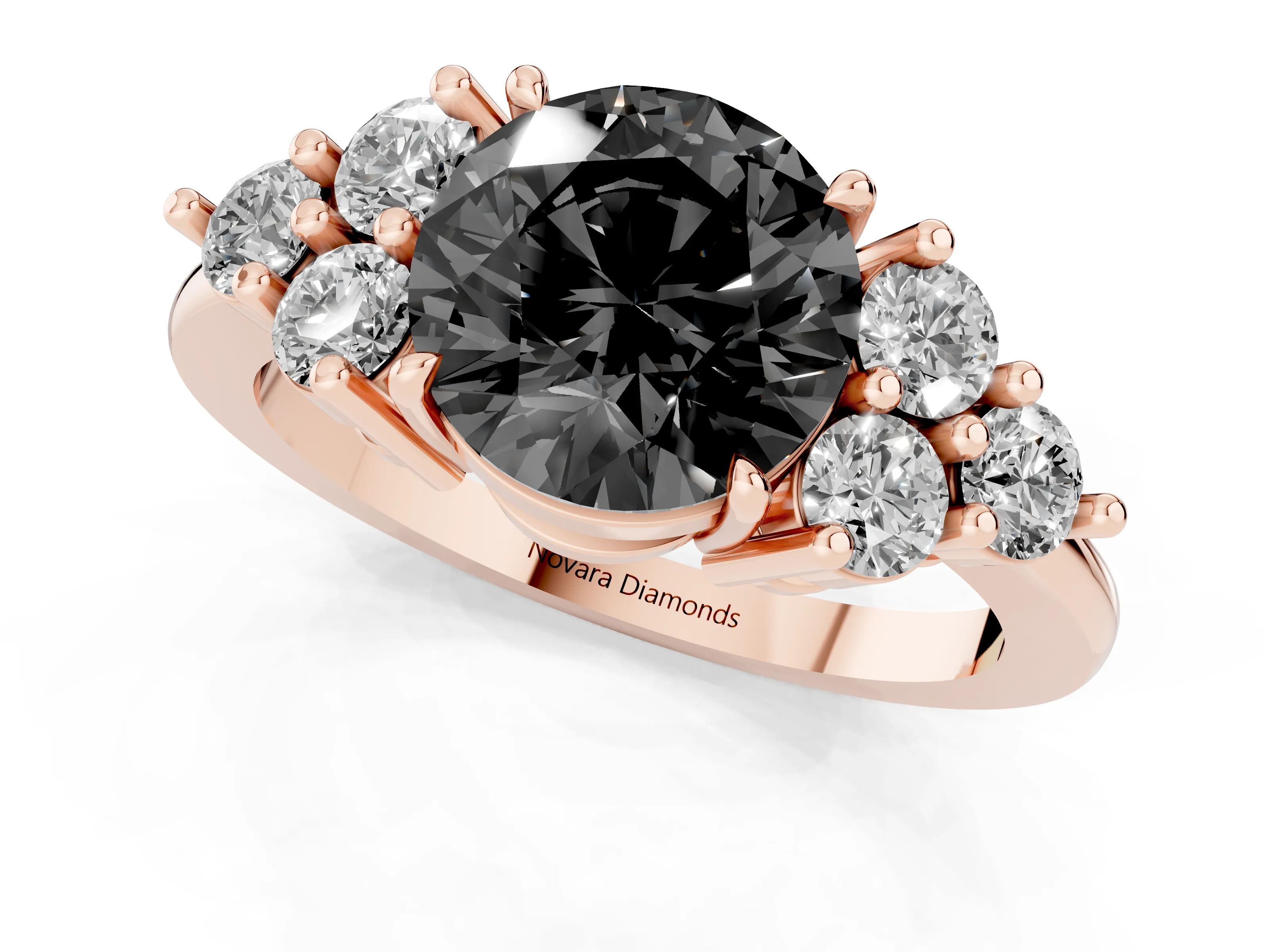 Fancy Black Round Cut Diamond Solitaire Ring Set in Rose gold with Cluster Accents on Each Side