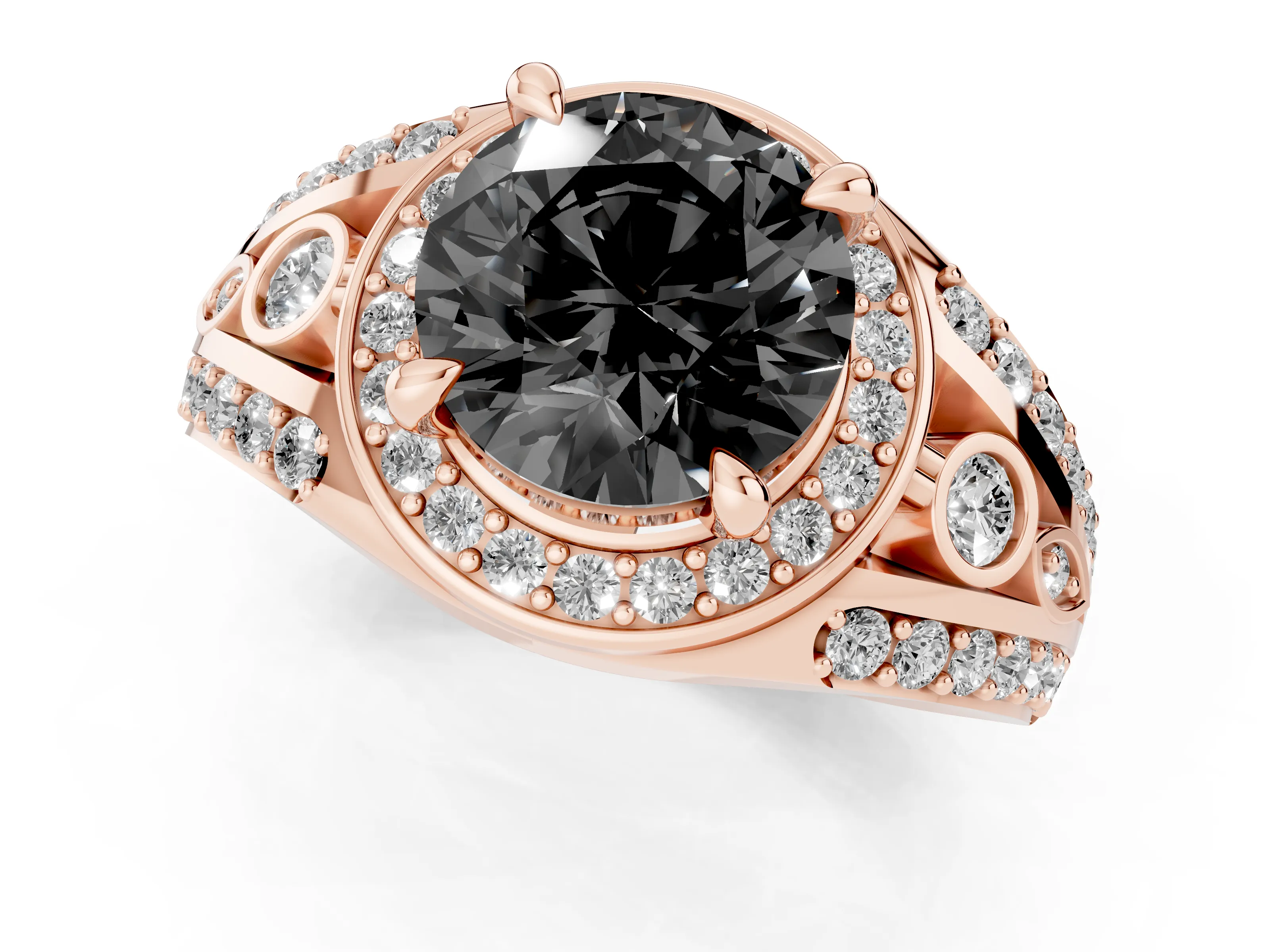 Fancy Black Round Cut Diamond Halo Ring Set in Rose gold with Pavé Split Shank and Bezel Accents