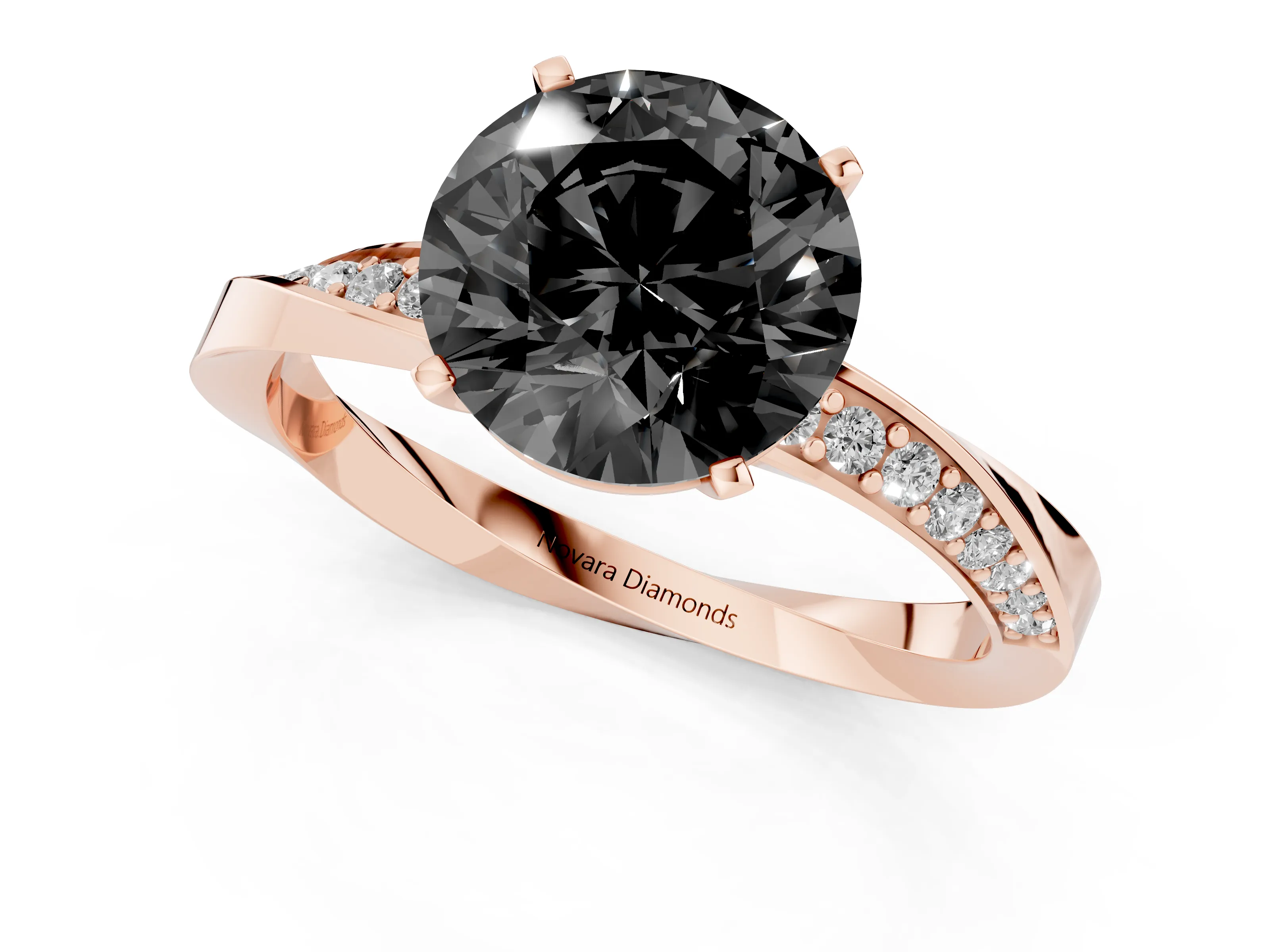 Fancy Black Round Cut Diamond Engagement Ring Set in Rose gold with Side Stone Accents and Prong Setting