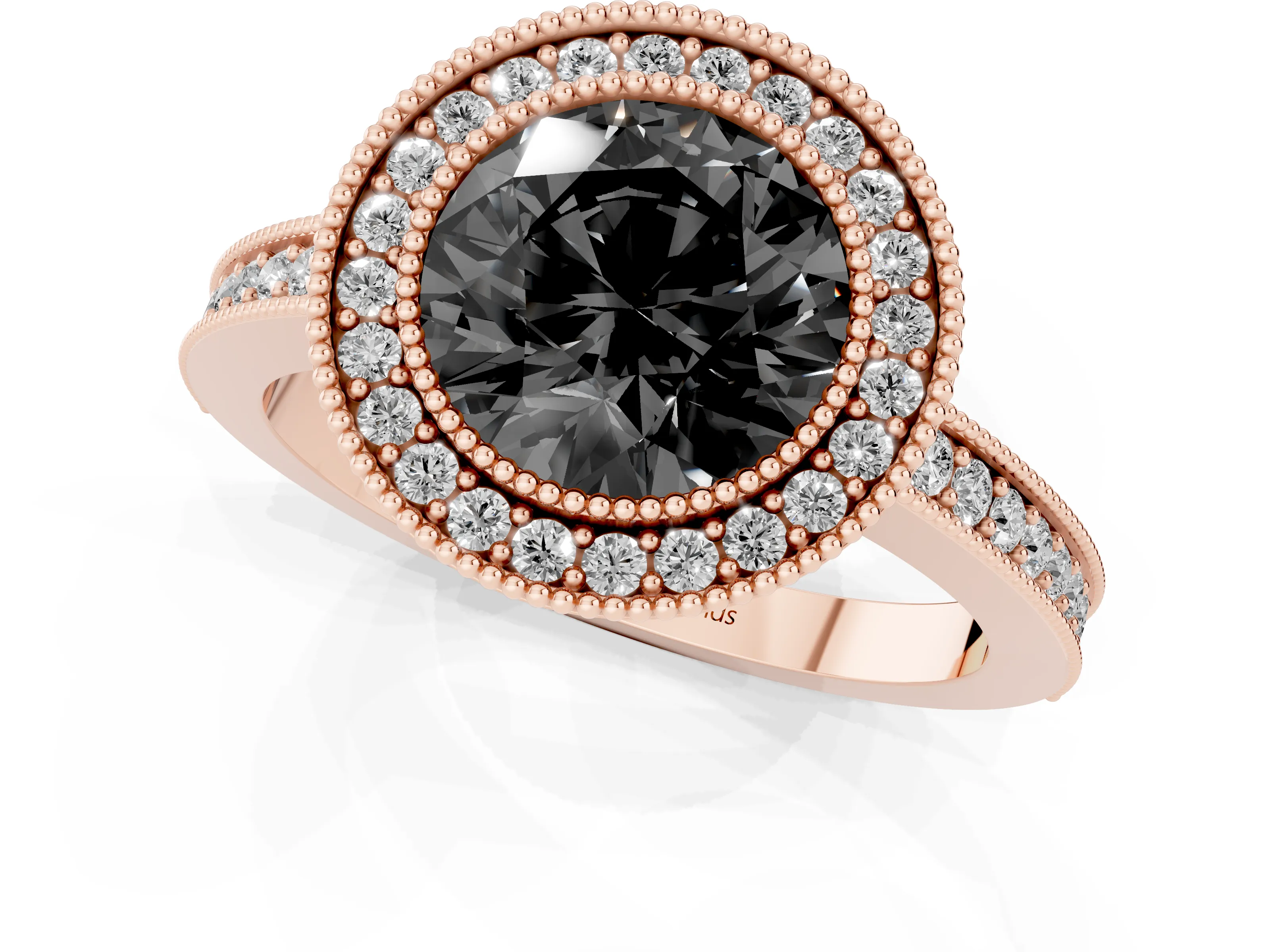 Fancy Black Round Cut Diamond Round Halo Ring Set in Rose gold with Pavé Band