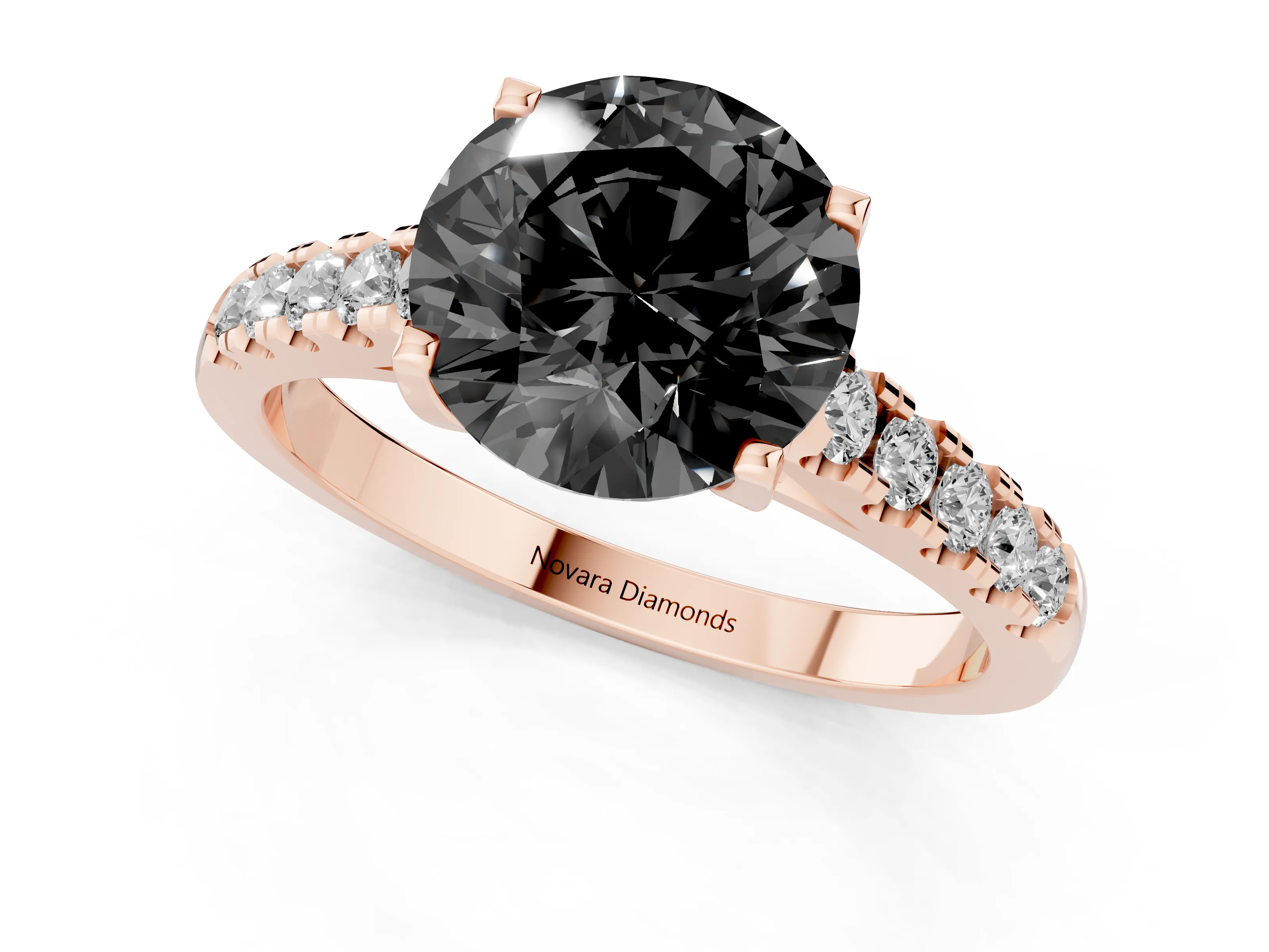 Fancy Black Round Cut Diamond Pavé Band Solitaire Ring Set in Rose gold with Partway Accent Stones and Prong Setting