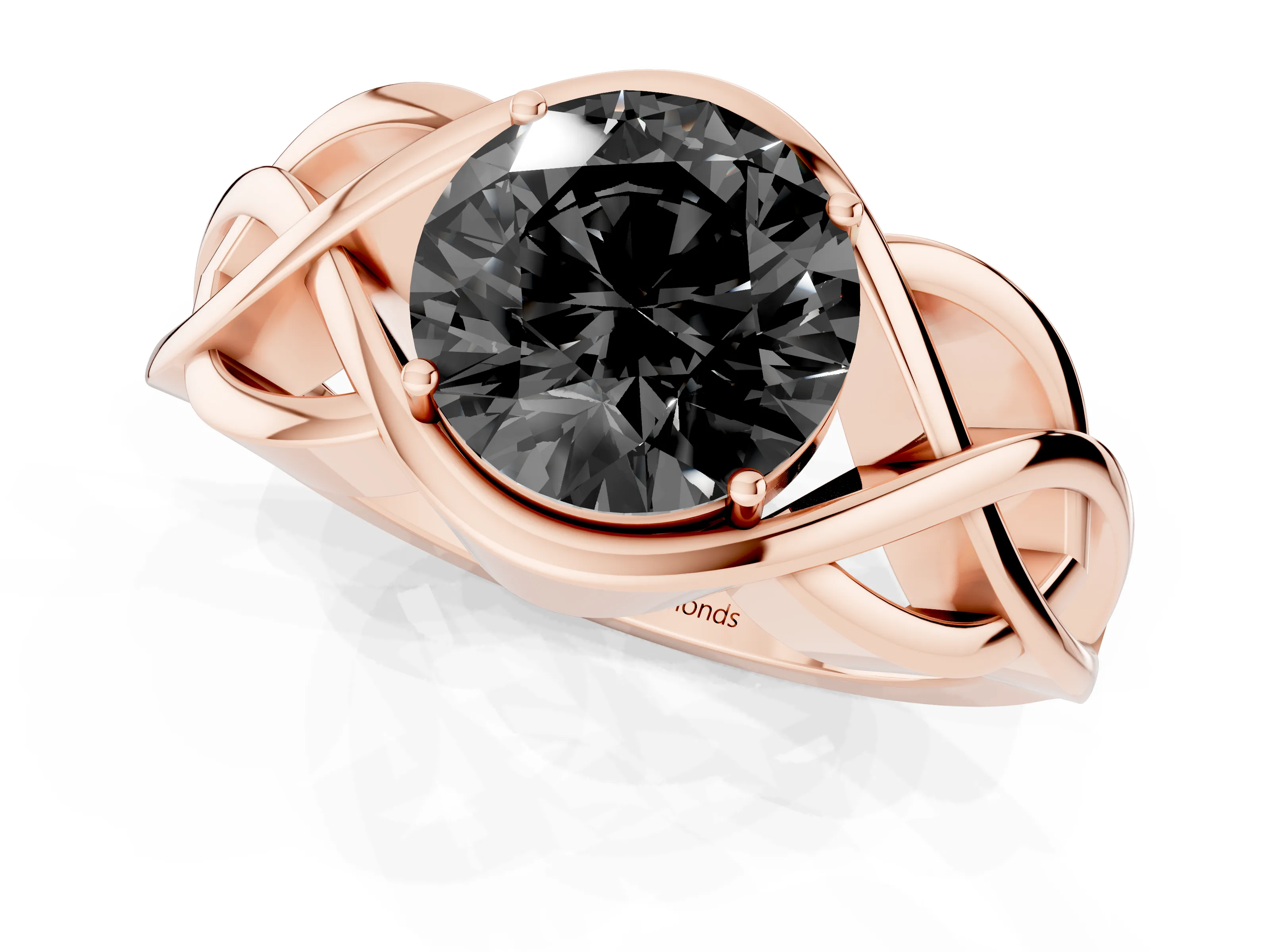 Fancy Black Round Cut Diamond Solitaire Ring Set in Rose gold with Intertwined Band