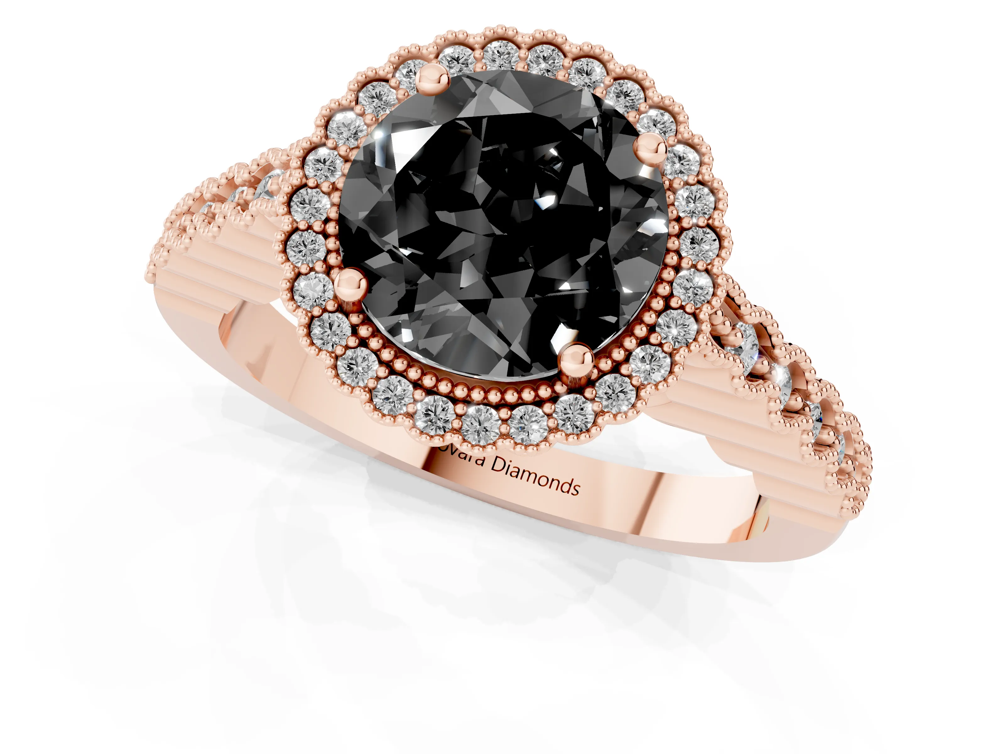 Fancy Black Round Cut Diamond Halo Ring Set in Rose gold with Pavé Milgrain Band