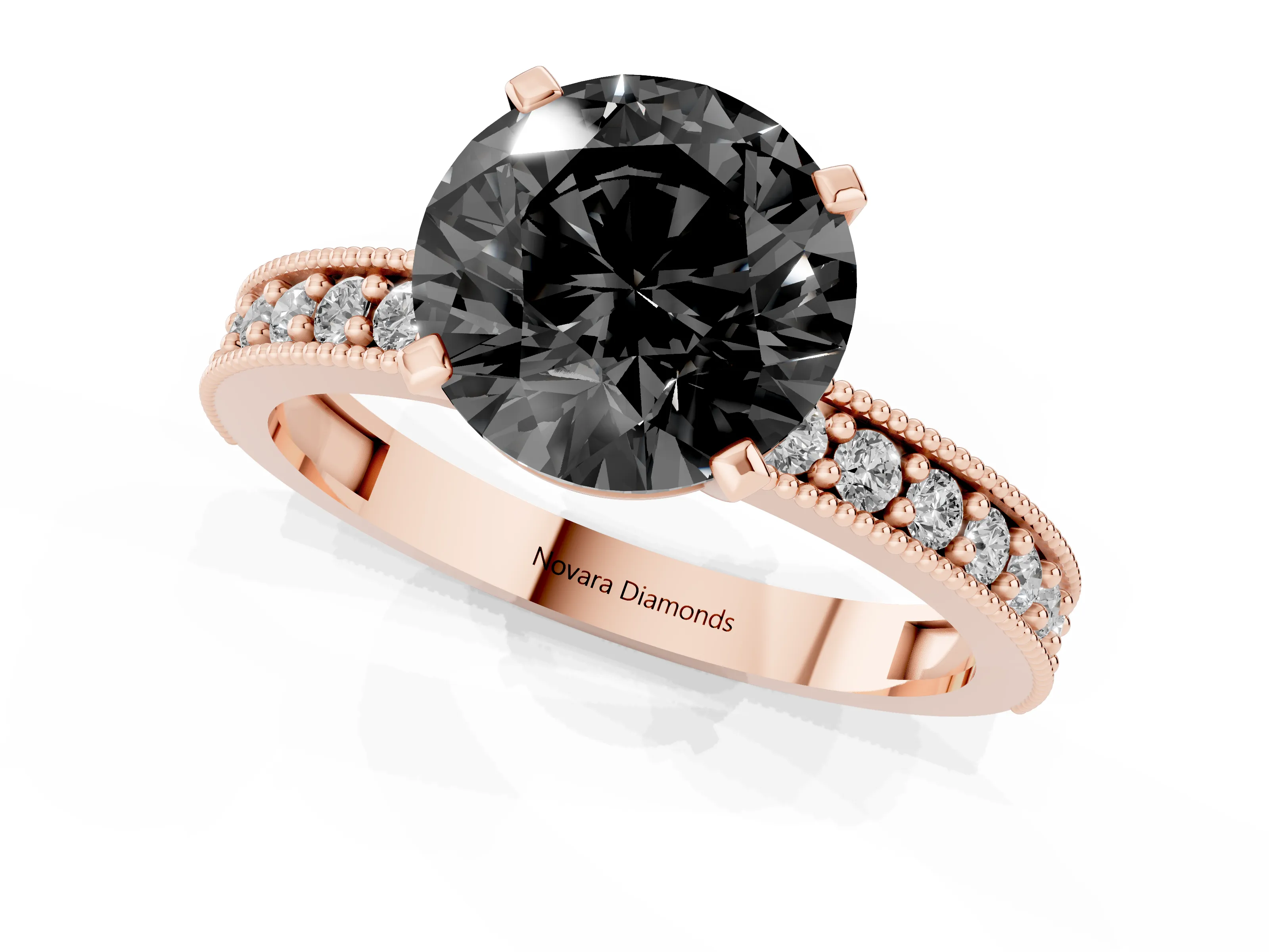 Fancy Black Round Cut Diamond Milgrain Pavé Engagement Ring Set in Rose gold with Prong Setting