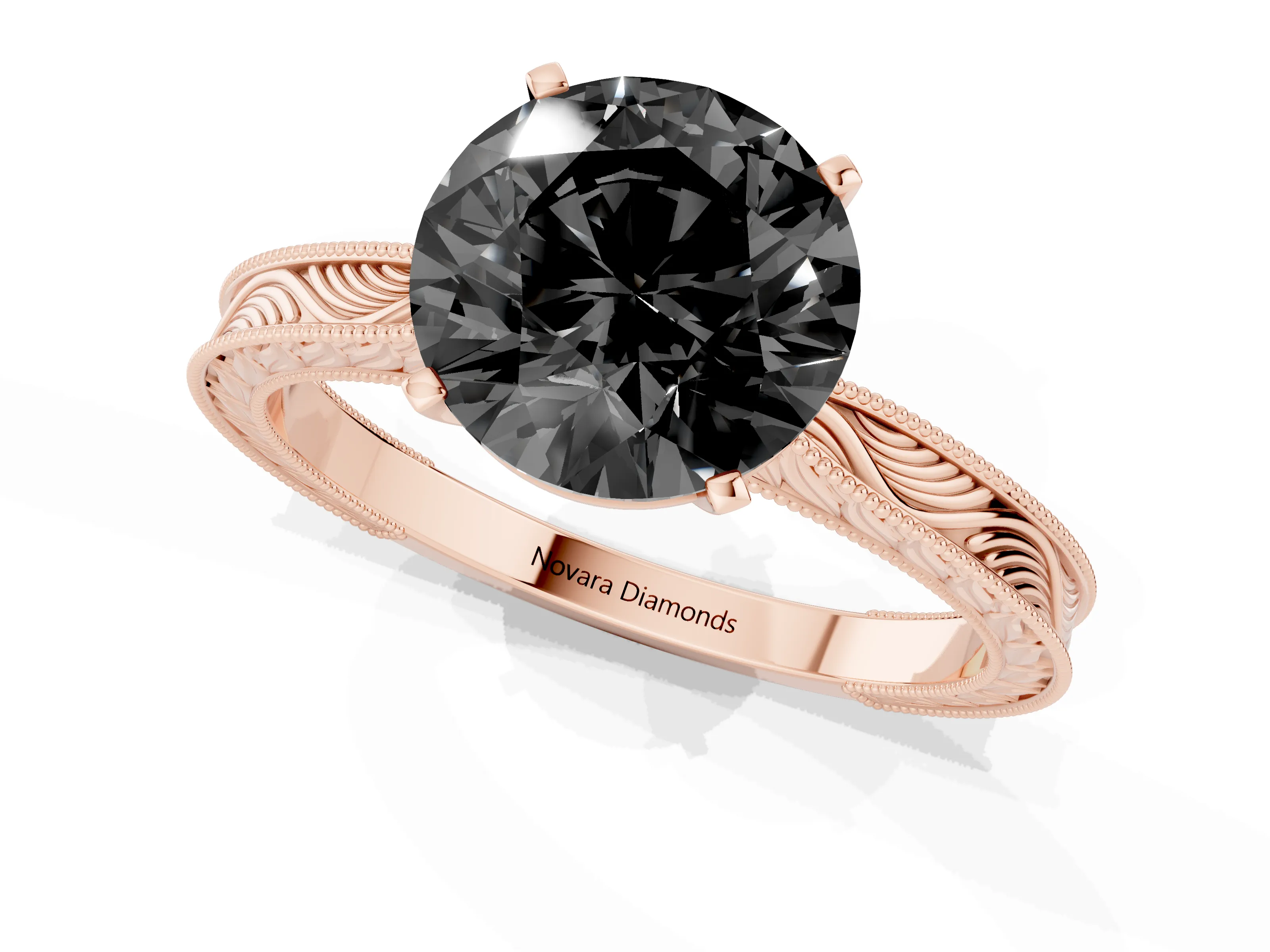 Fancy Black Round Cut Diamond Solitaire Milgrain Engraved Band Set in Rose gold with Prong Setting