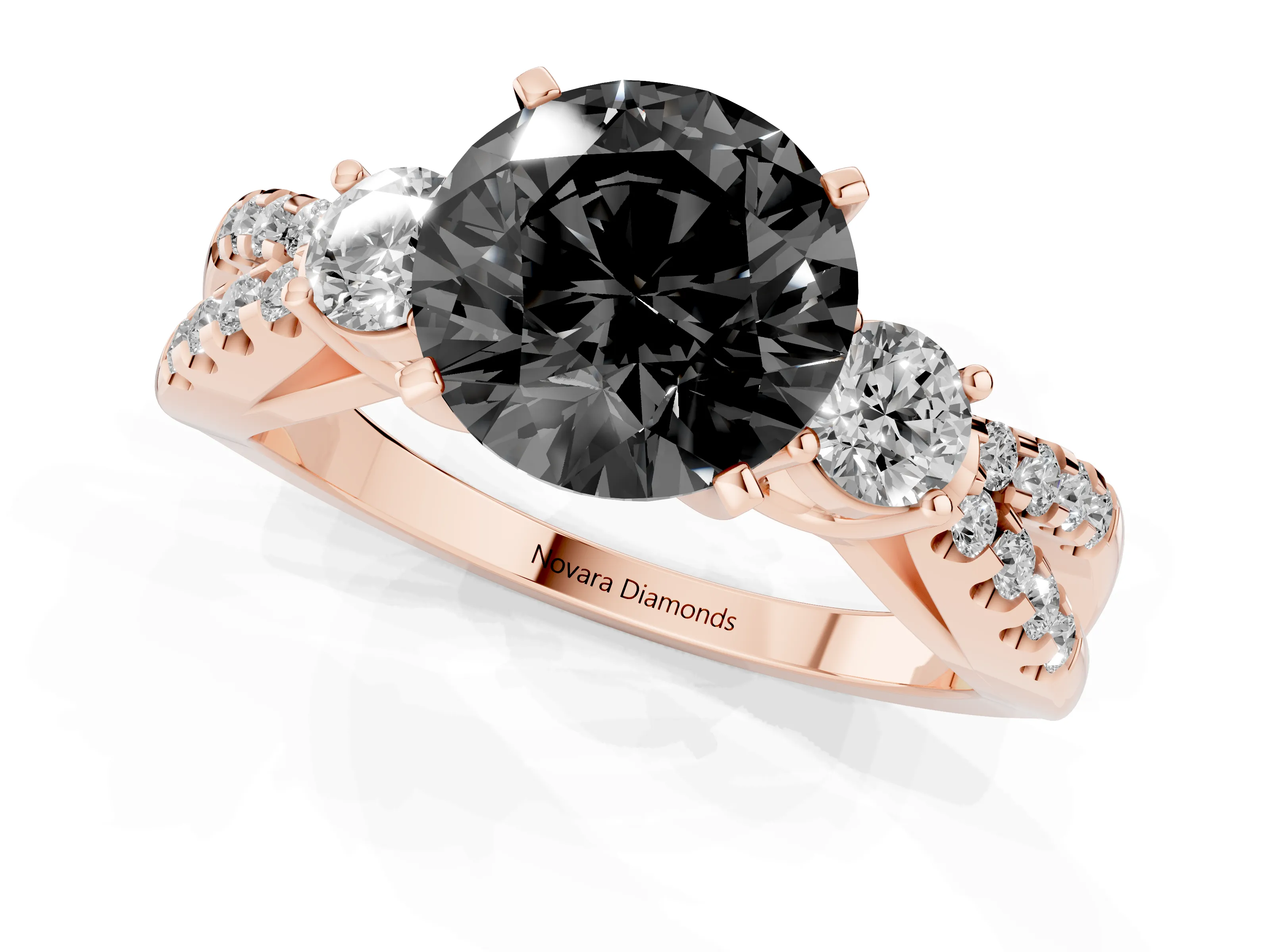 Fancy Black Round Cut Diamond Three-Stone Ring Set in Rose gold with Pavé Split Shank and Prong Setting