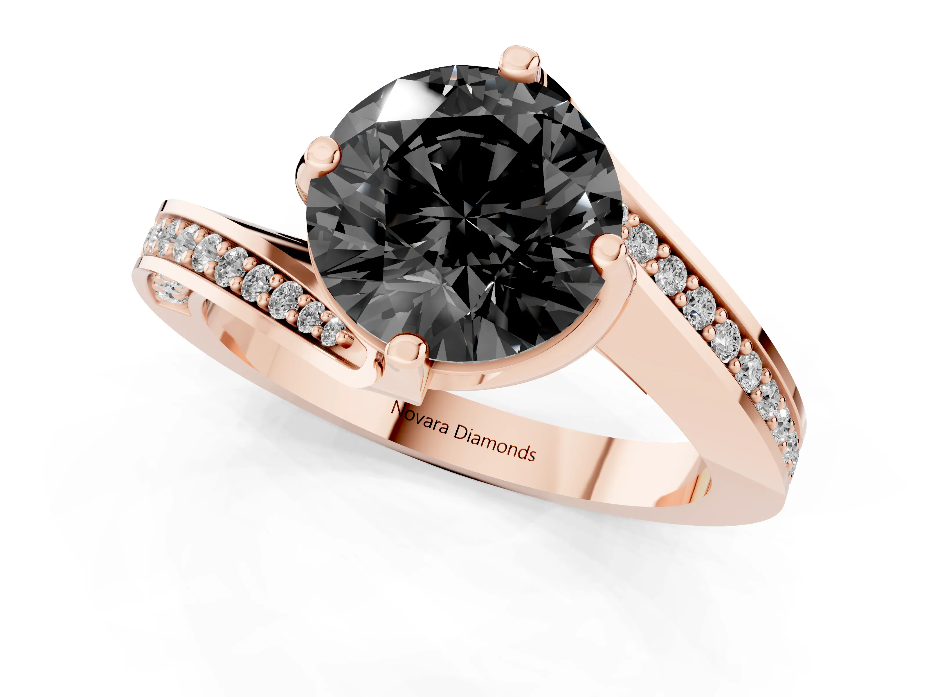 Fancy Black Round Cut Diamond Solitaire Ring Set in Rose gold with Intertwined Pavé Twist Band