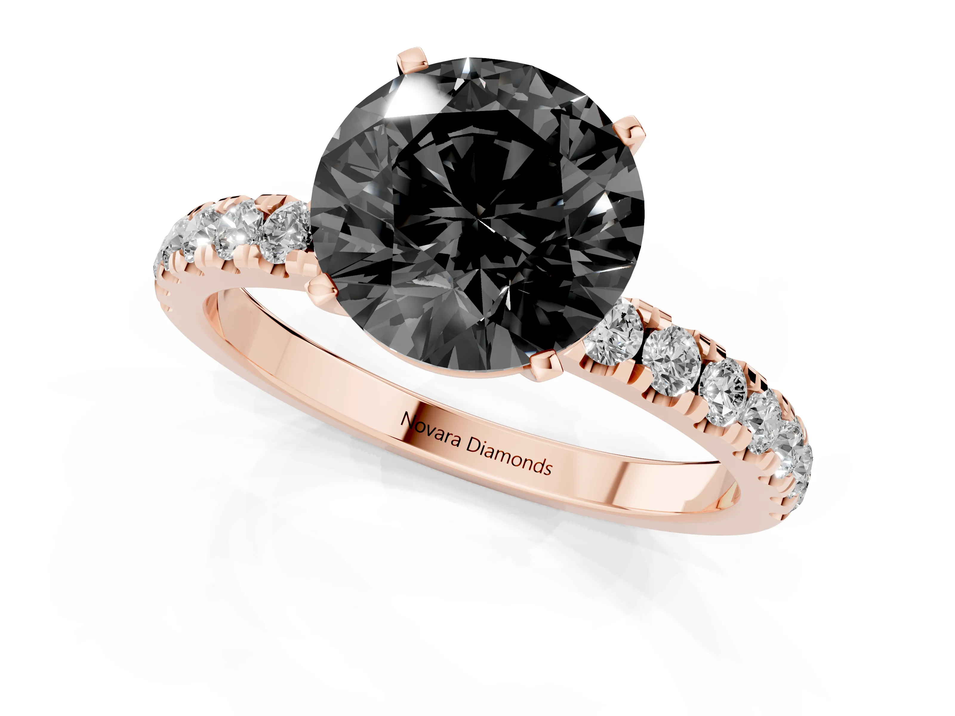Fancy Black Round Cut Diamond Solitaire Ring Set in Rose gold with Pavé Accents and Prong Setting