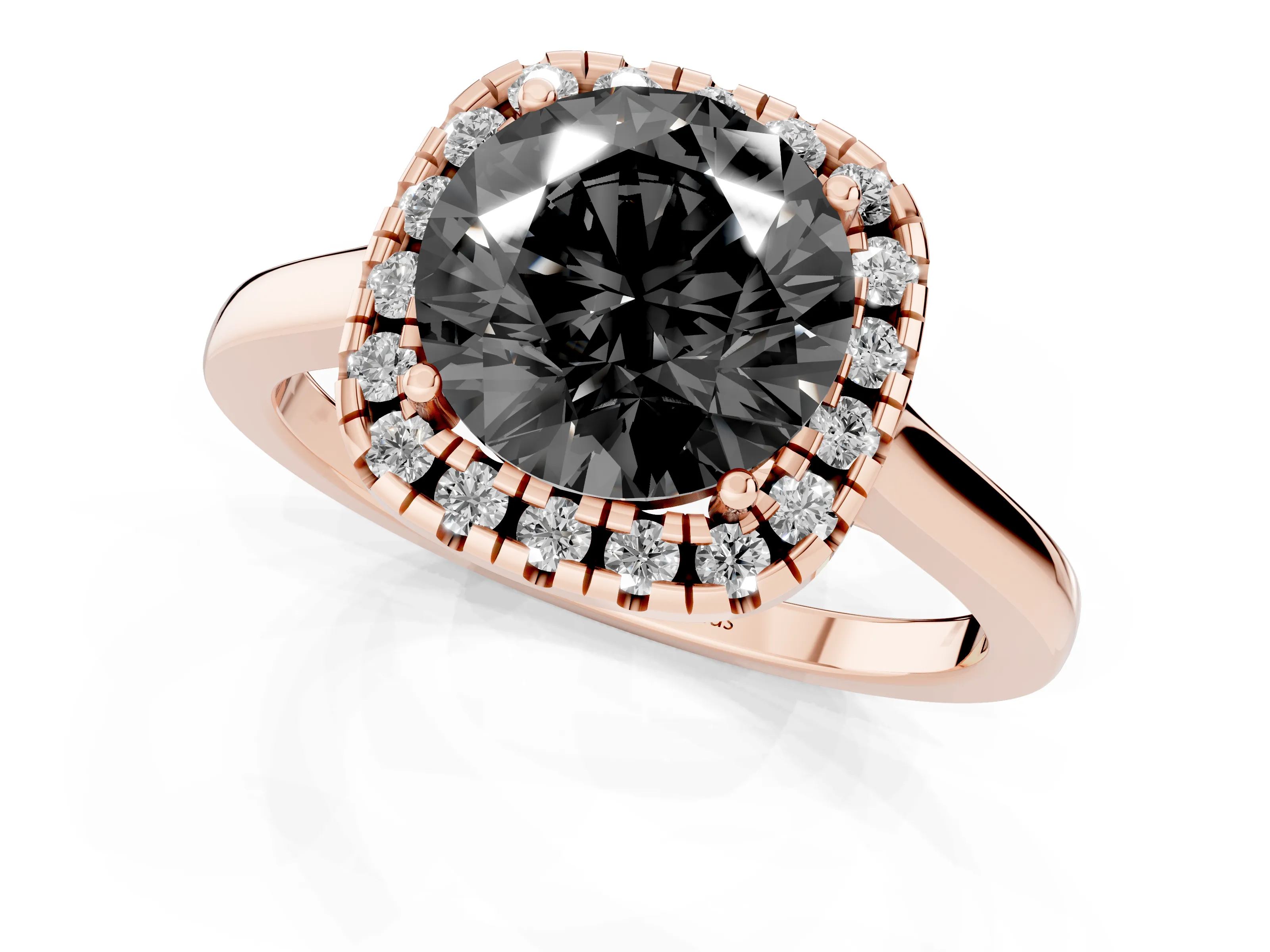 Fancy Black Round Cut Halo Round Diamond Solitaire Ring Set in Rose gold with Pavé Band and Prong Setting