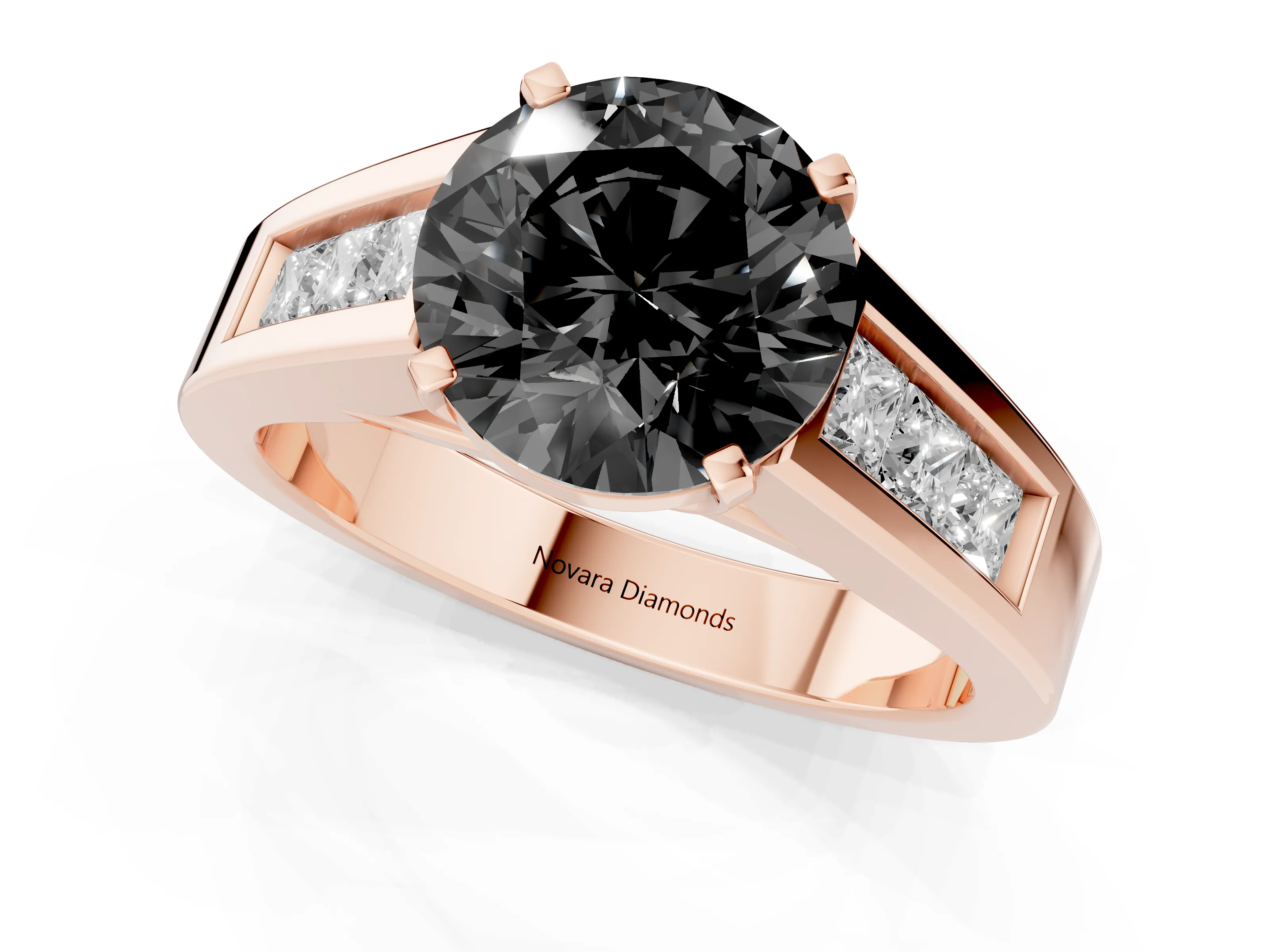 Fancy Black Round Cut Diamond Solitaire Ring Set in Rose gold with Channel-Set Accent Stones and Prong Setting