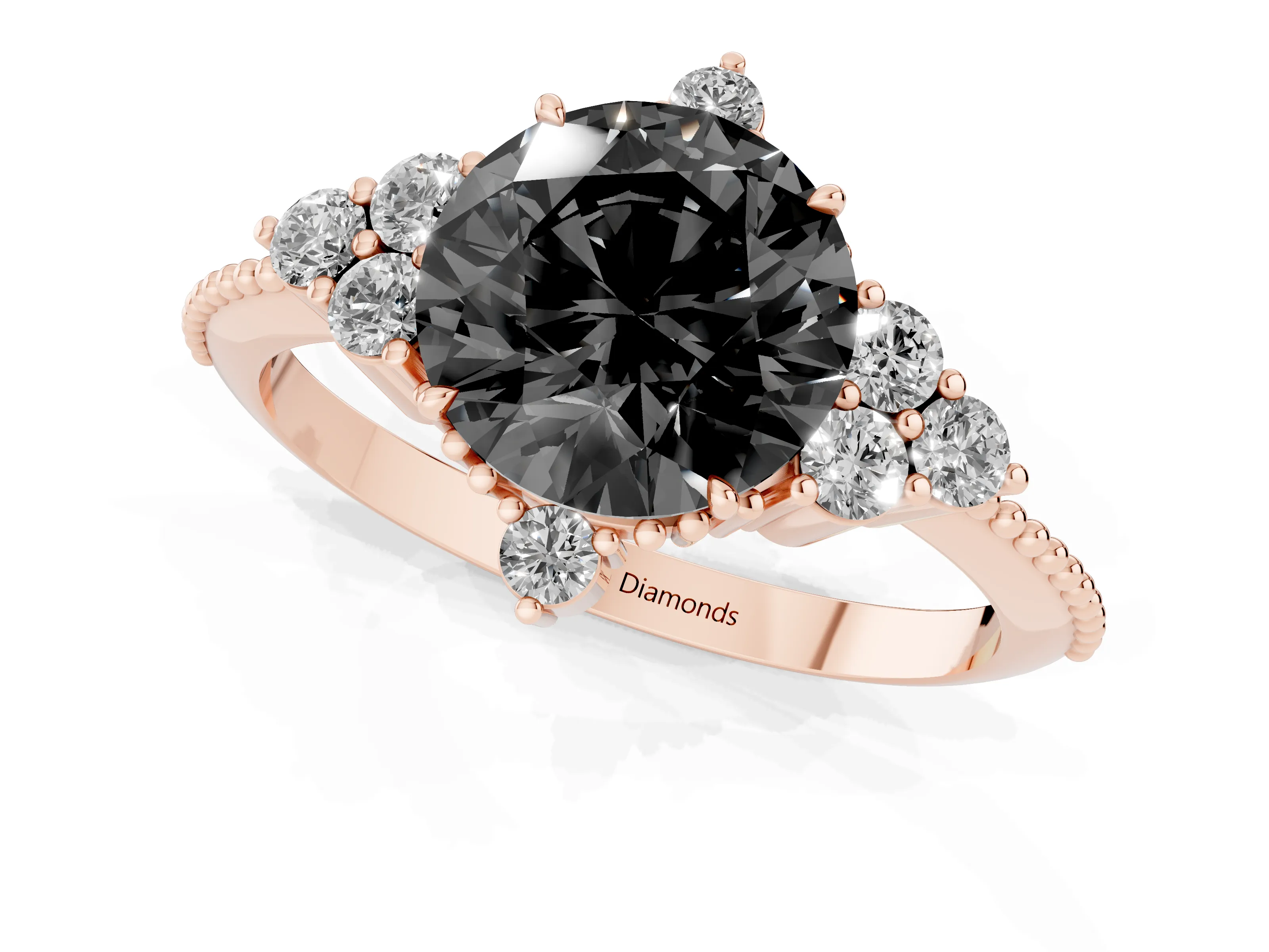 Fancy Black Round Cut Diamond Cluster Ring Set in Rose gold with Beaded Band