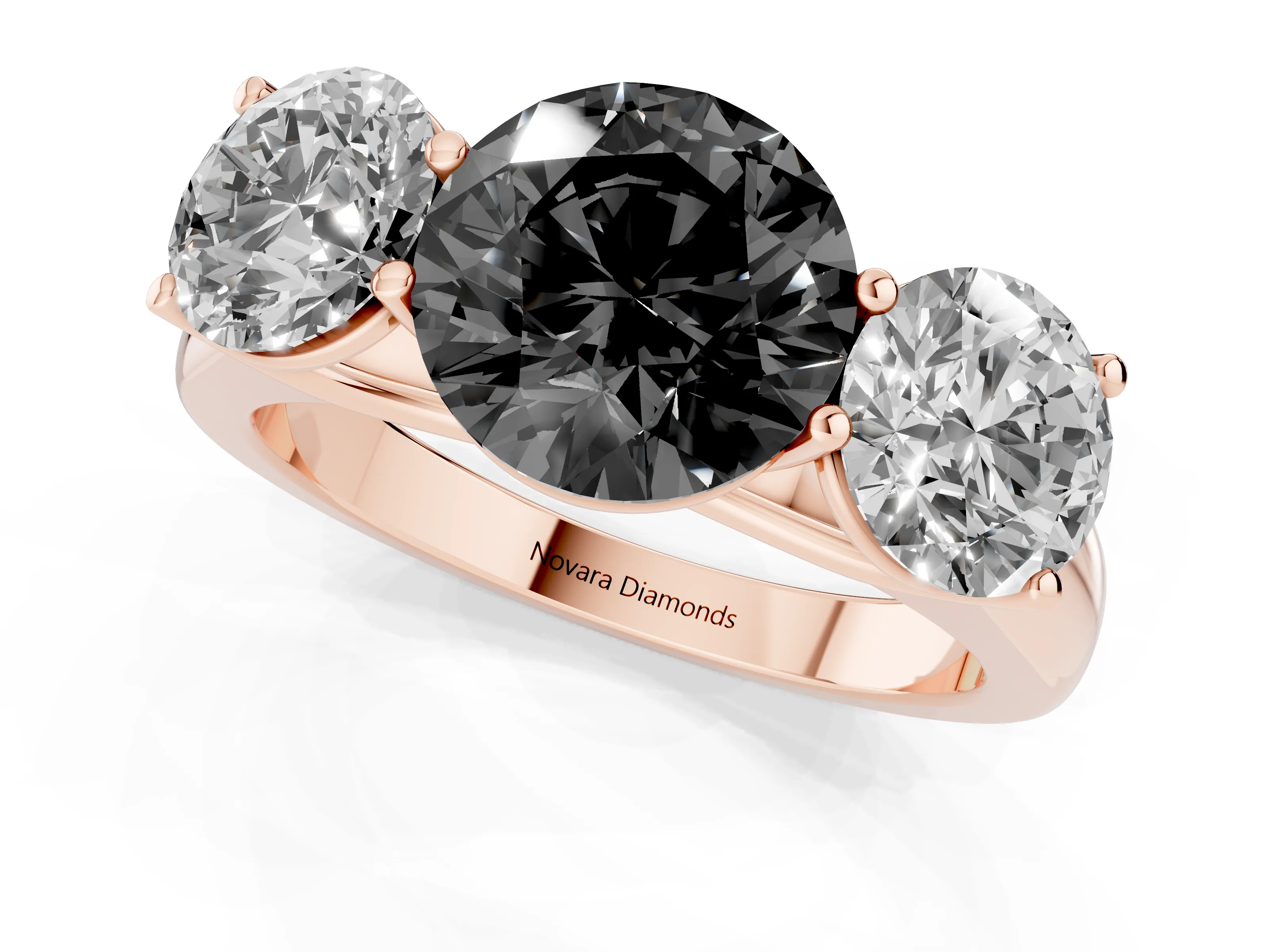 Fancy Black Round Cut Diamond Three-Stone Ring Set in Rose gold with Plain Polished Band