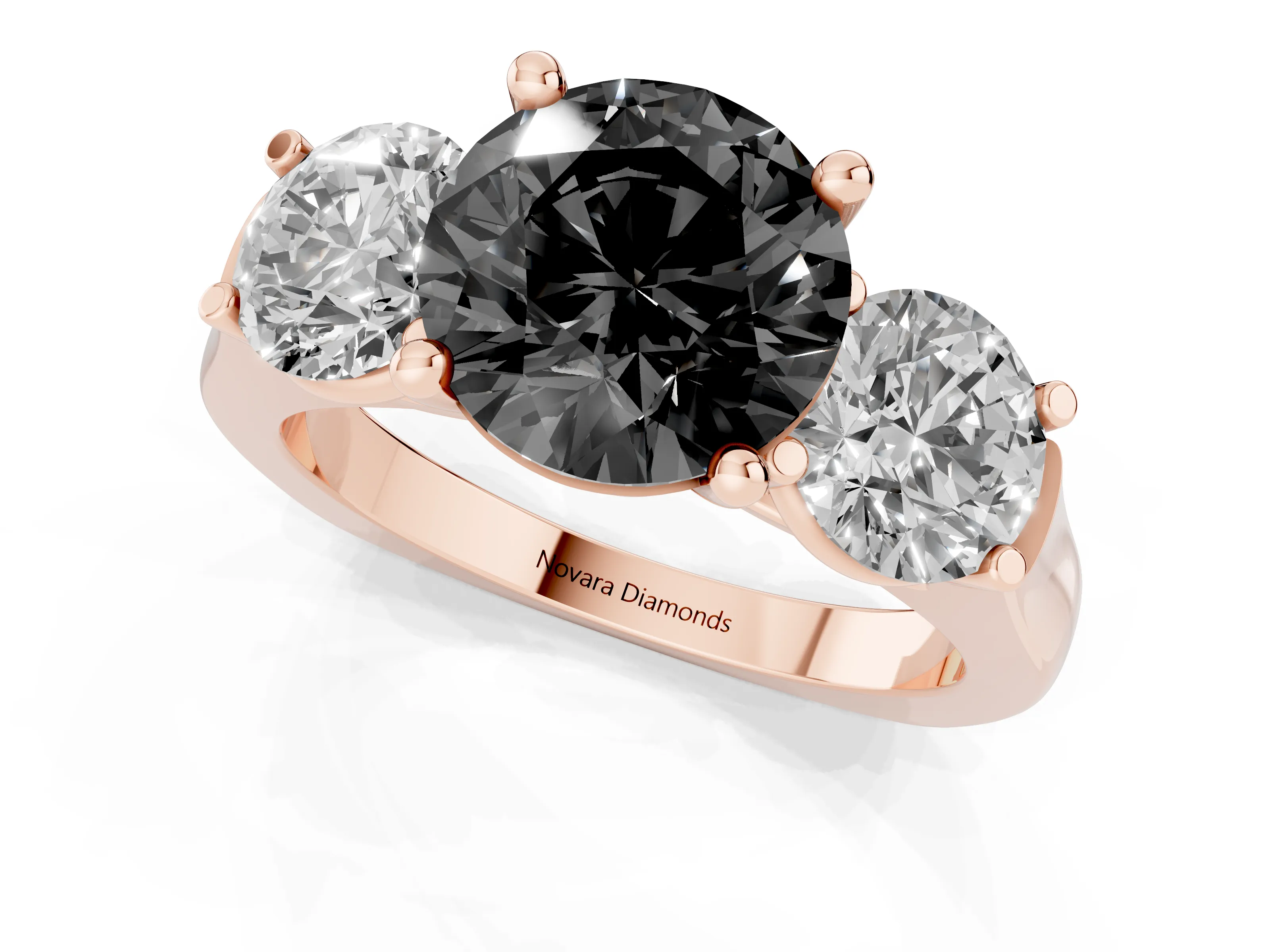 Fancy Black Round Cut Diamond Three-Stone Trellis Ring Set in Rose gold with Comfort Fit Band