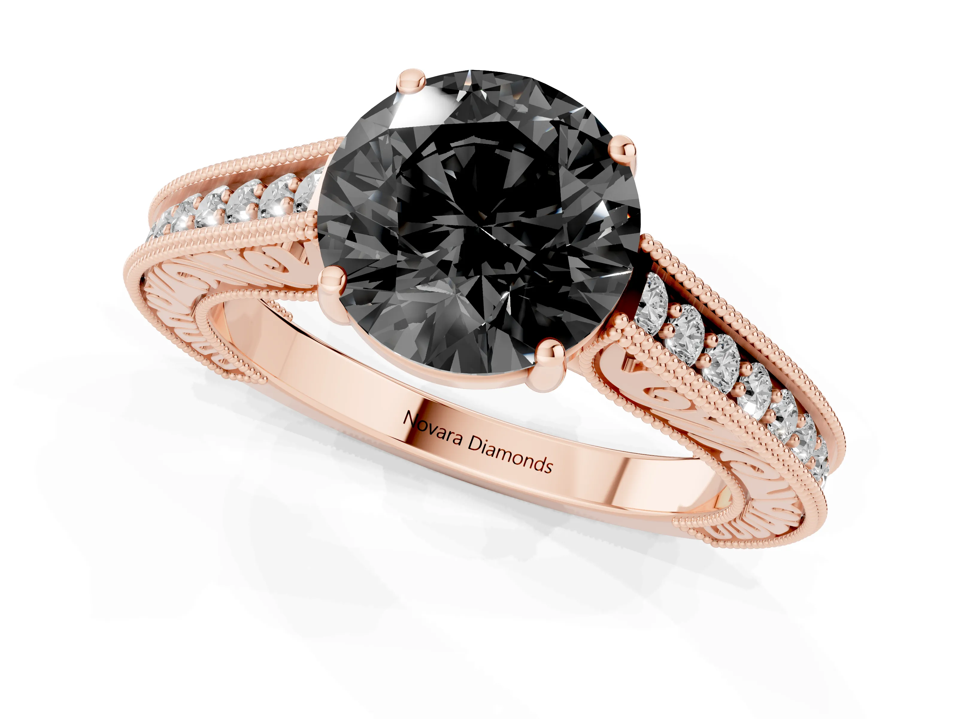 Fancy Black Round Cut Diamond Milgrain Pavé Band Solitaire Ring Set in Rose gold with Prong Setting