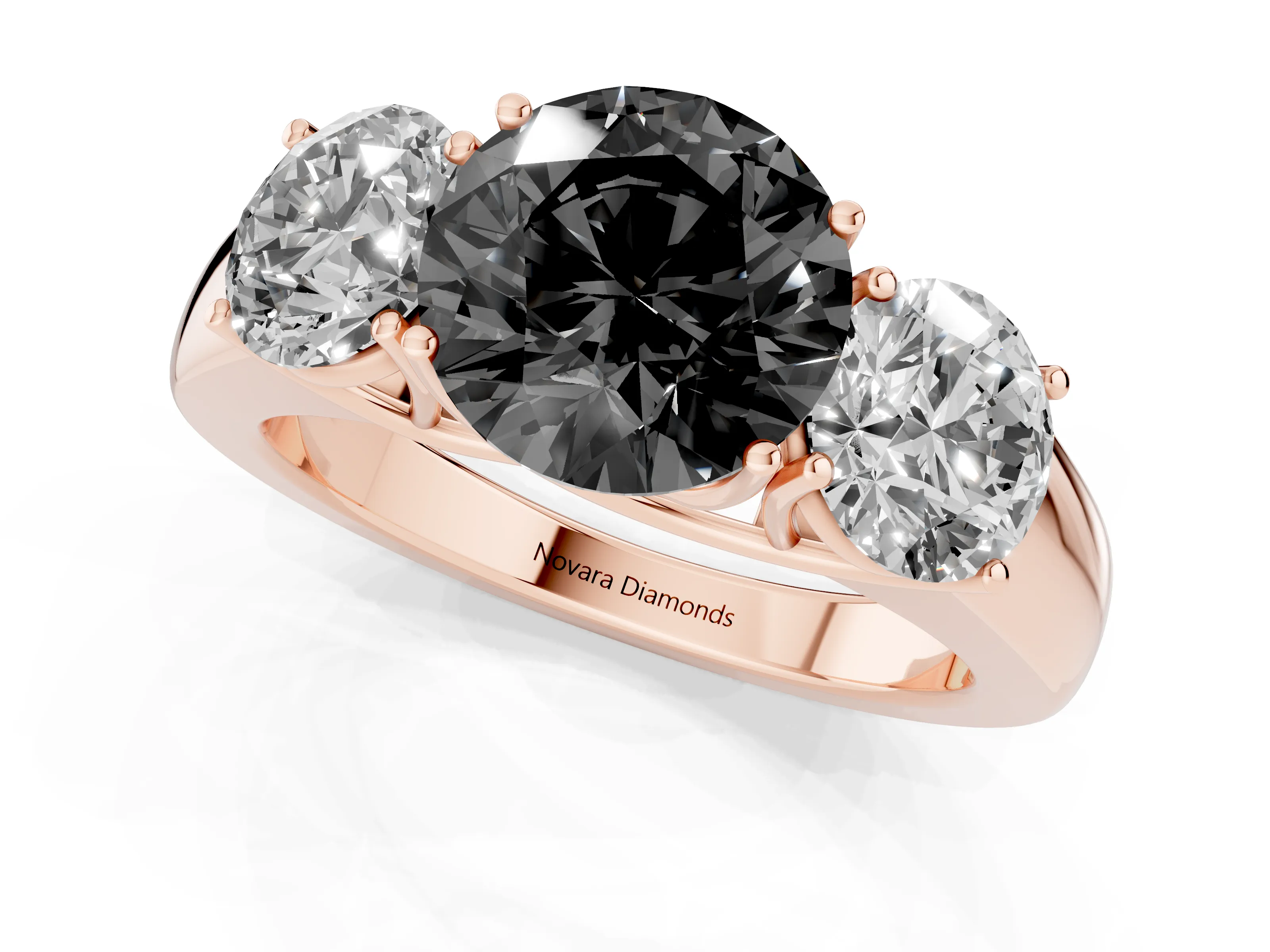 Fancy Black Three-Stone Round Cut Diamond Ring Set in Rose gold with Matching Prong Settings and Plain Band
