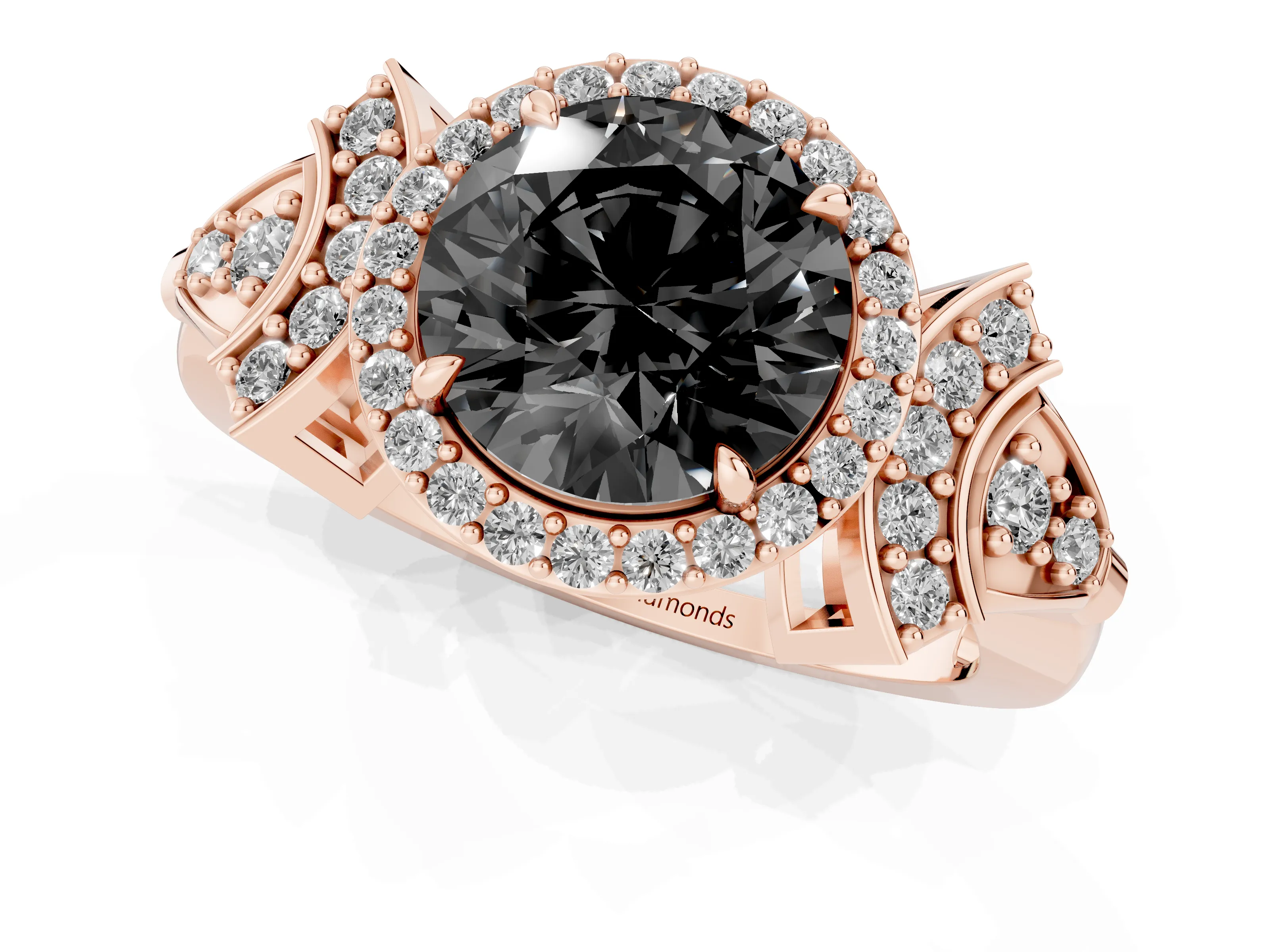 Fancy Black Round Cut Diamond Halo Engagement Ring Set in Rose gold with Accent Stone Split Shank
