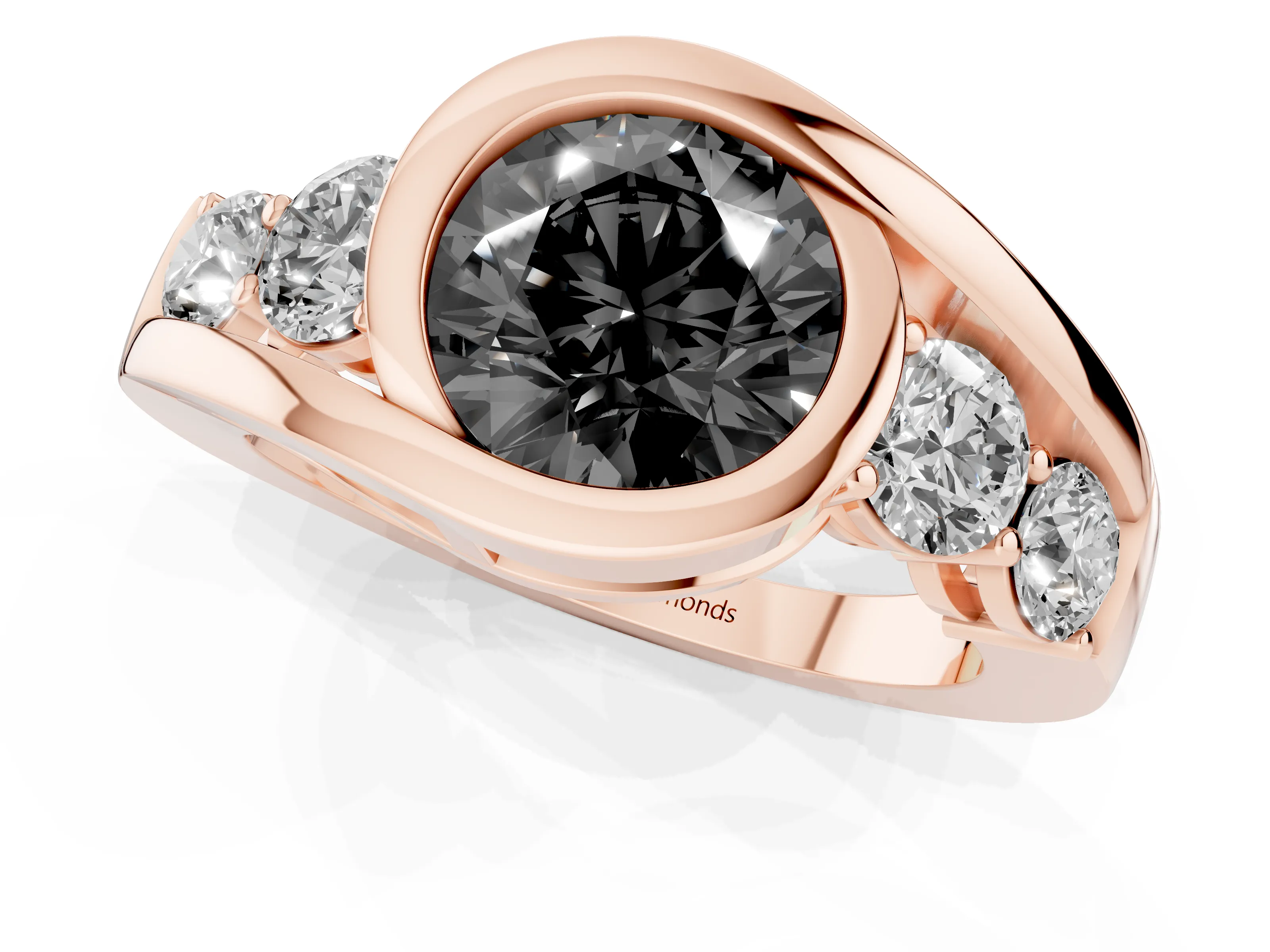 Fancy Black Round Cut Diamond Bezel Bypass Ring Set in Rose gold with Round Accents