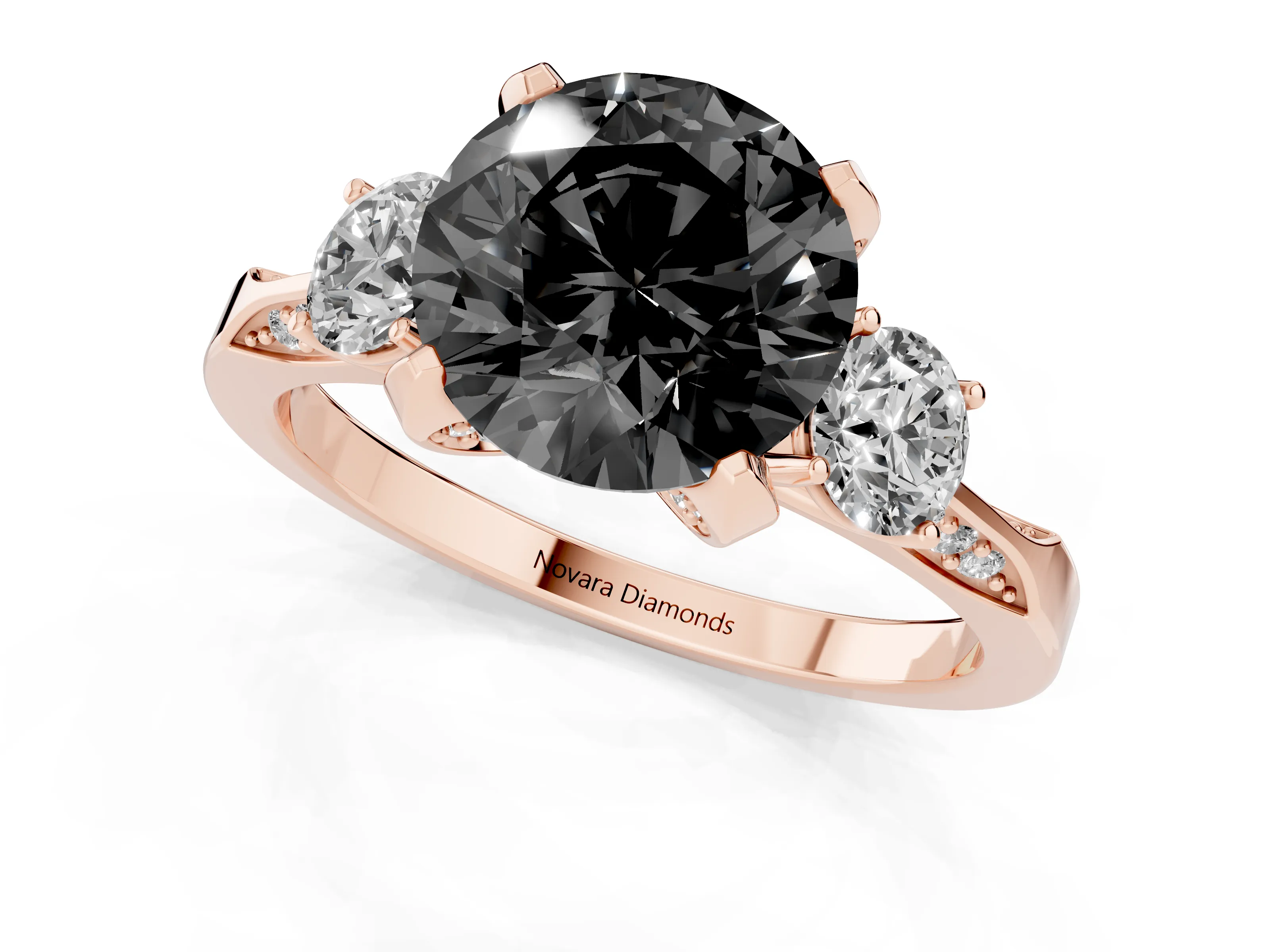 Fancy Black Round Cut Diamond Three-Stone Ring Set in Rose gold with Pavé Band and Smaller Side Stones