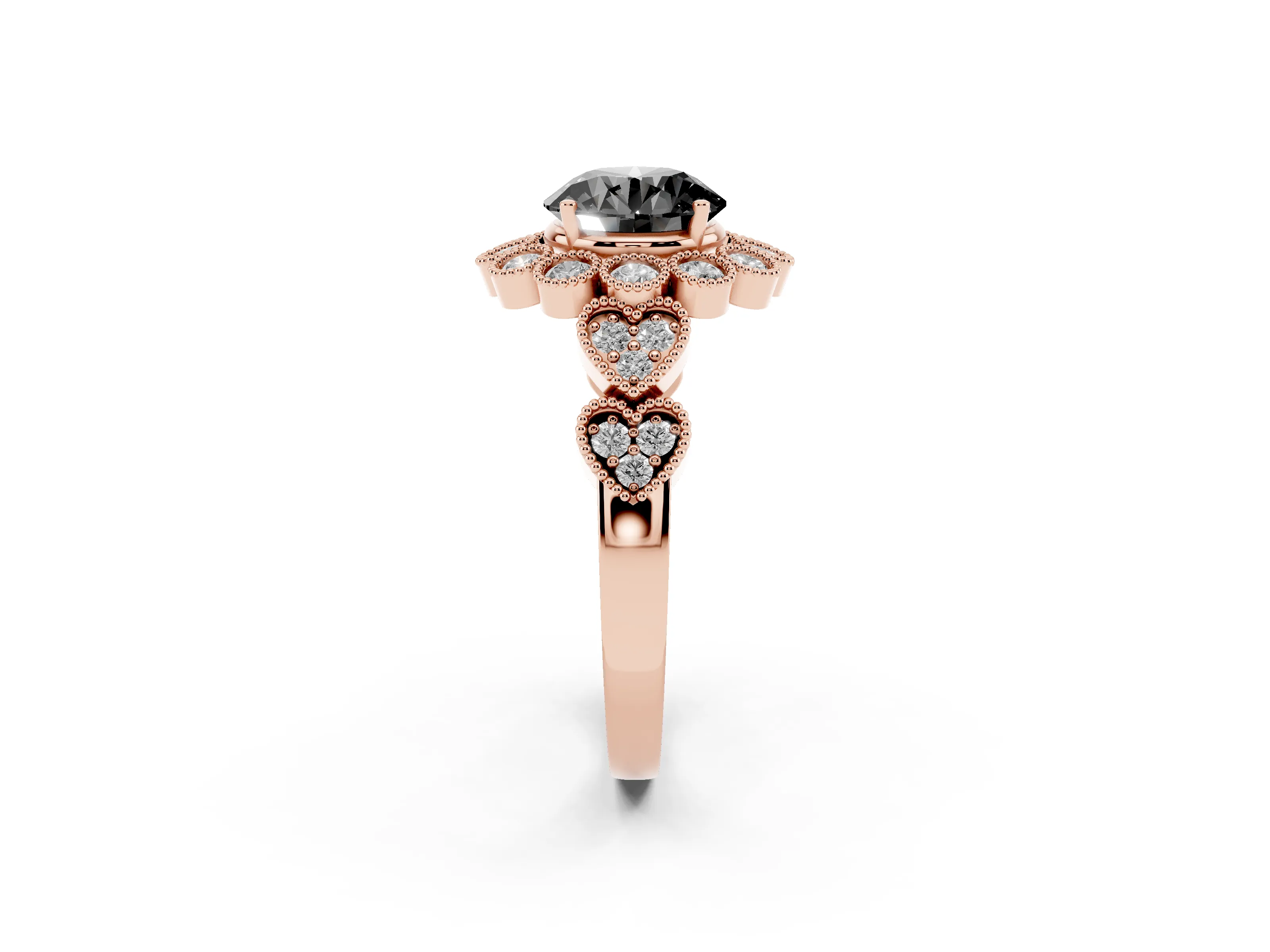 Fancy Black Round Cut Diamond Solitaire Ring Set in Rose gold with Milgrain Pavé Heart Band